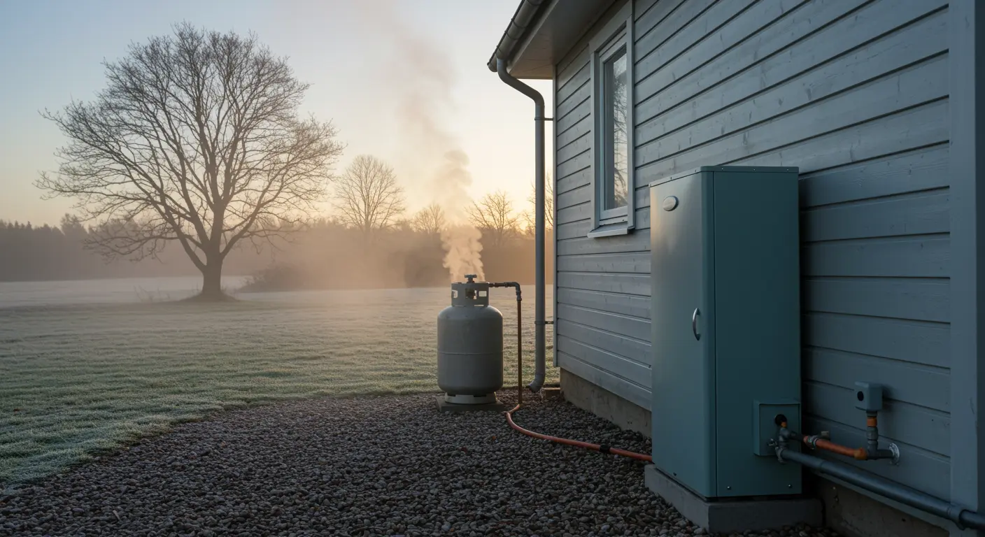 Moderne plattelandswoning met propaan warmtepomp en metalen propaantank naast gevel in winterse sfeer