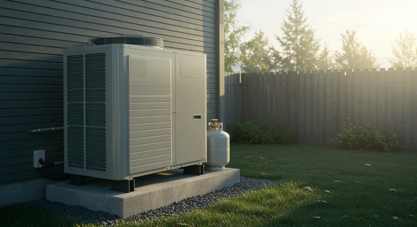 Warmtepomp op betonnen platform naast modern huis met propaantank en omheinde tuin in zacht ochtendlicht