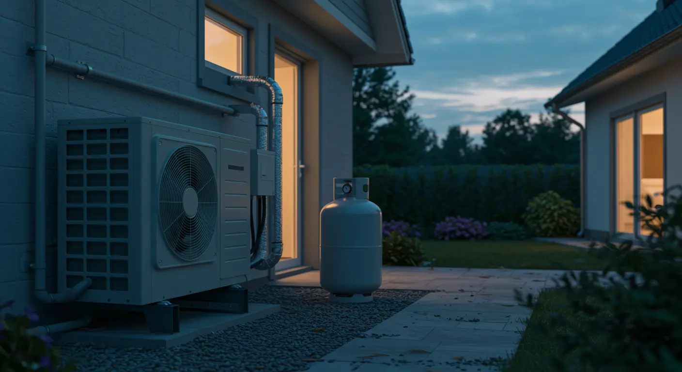 Warmtepompunit aangesloten op propaantank buiten moderne woning met geïsoleerde leidingen die het huis binnenlopen