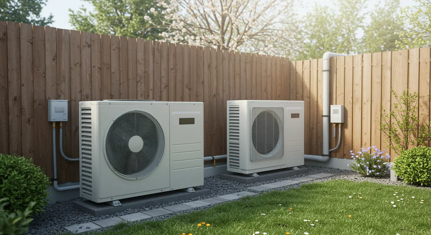 Moderne propaanwarmtepomp naast traditionele luchtwarmtepomp in tuin met gras, grind en houten schutting onder zacht daglicht