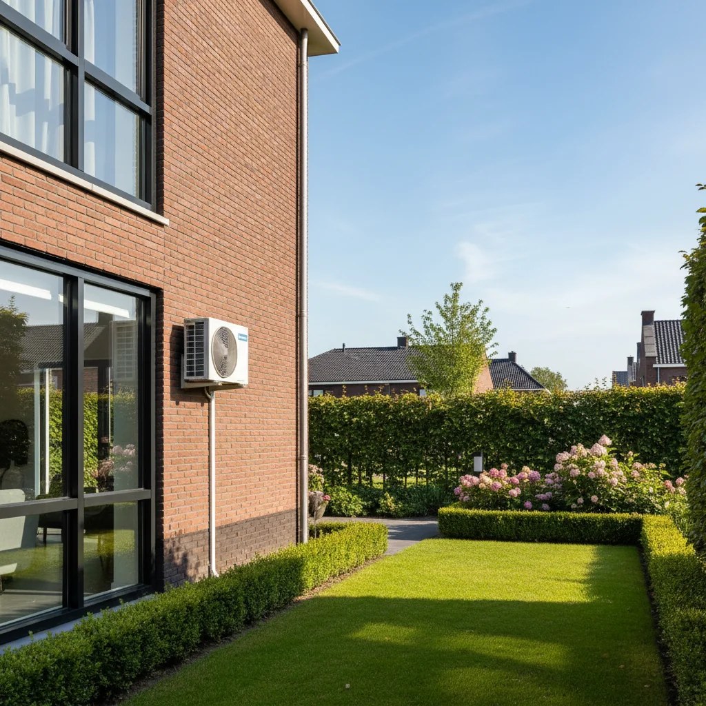 Buitenunit van airconditioning met buitenunit bevestigd aan gevelmuur van Nederlandse woning