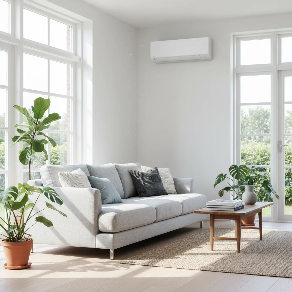 Moderne airconditioning met buitenunit in een lichte Nederlandse woonkamer