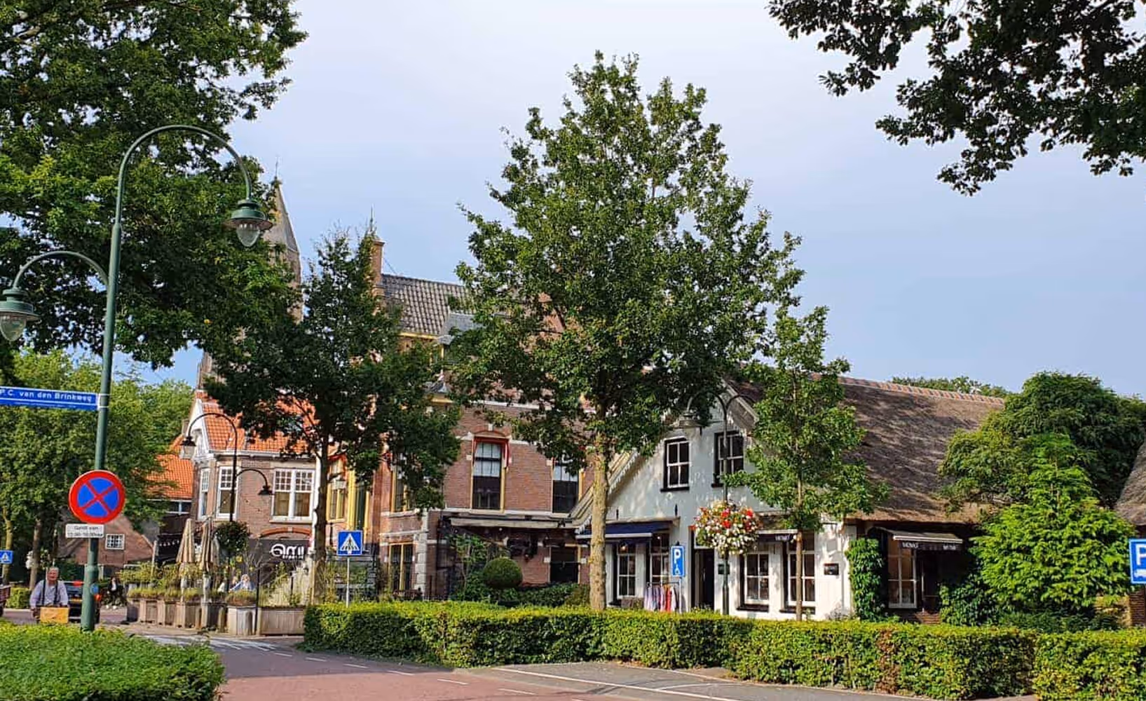 Dorpsstraat met historische panden, bomen en winkels in Laren.