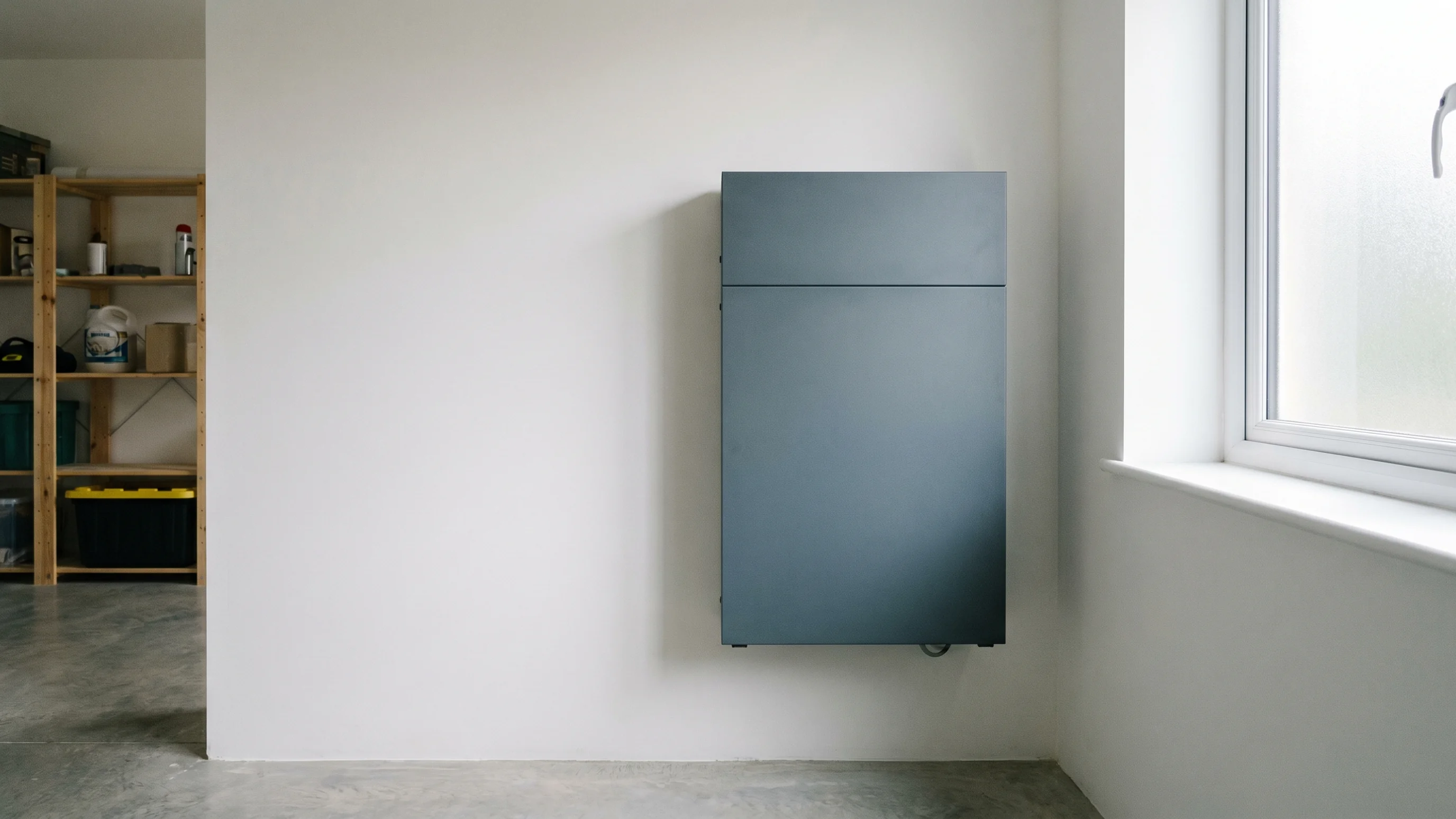 Thuisbatterij van 20 kWh gemonteerd aan witte muur in nette technische ruimte met betonnen vloer