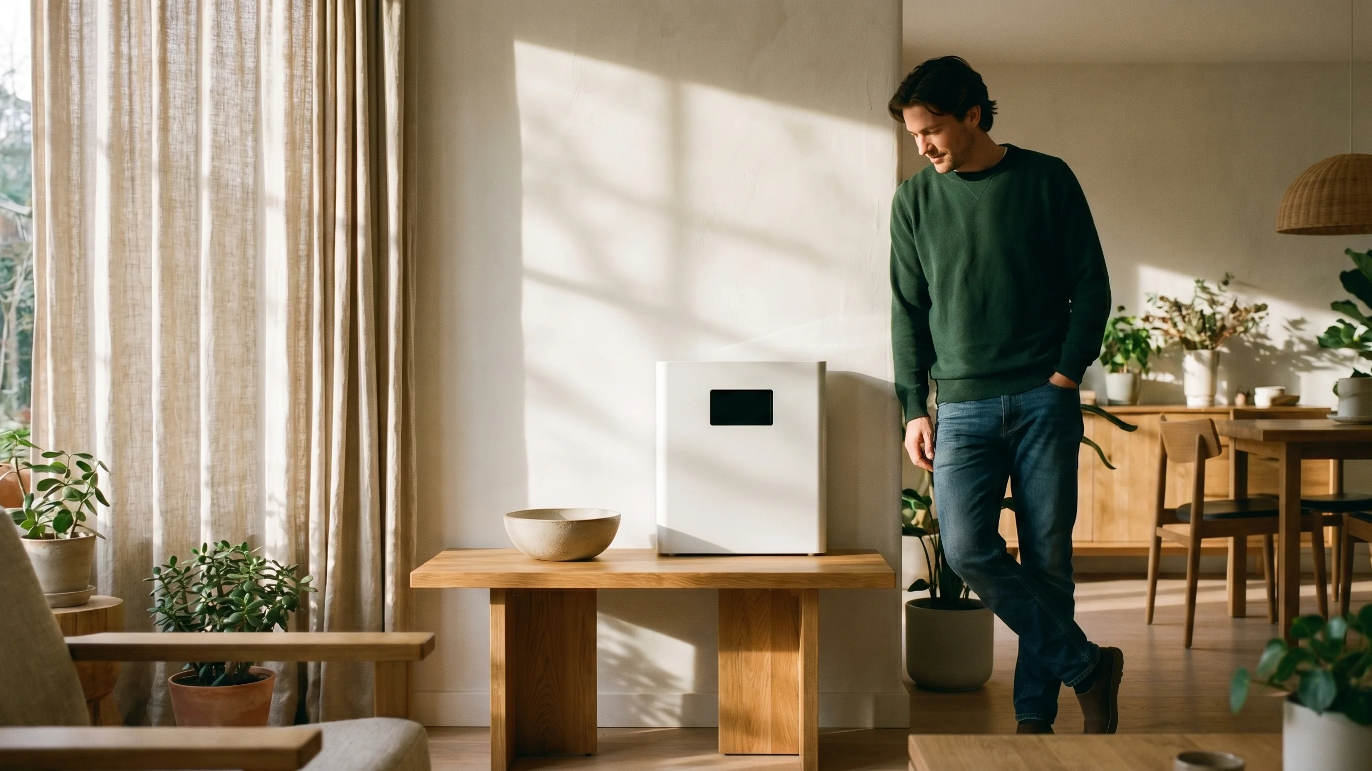 Thuisbatterij aan de muur in moderne woonkamer met blank display en warme raamlicht