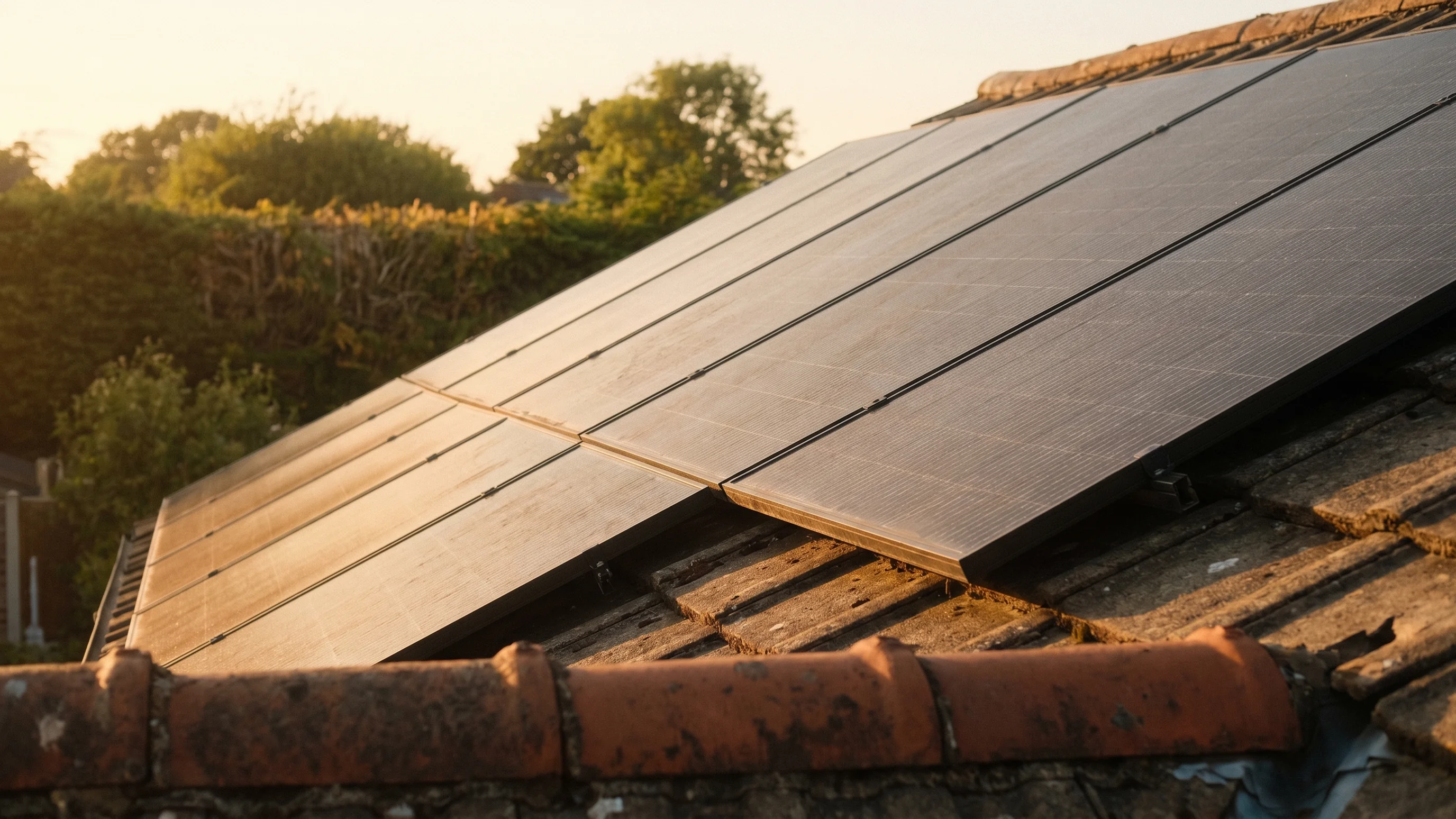 Zonnepanelen op dakpannen in avondlicht, gericht op zelfconsumptie en opslag thuisbatterij