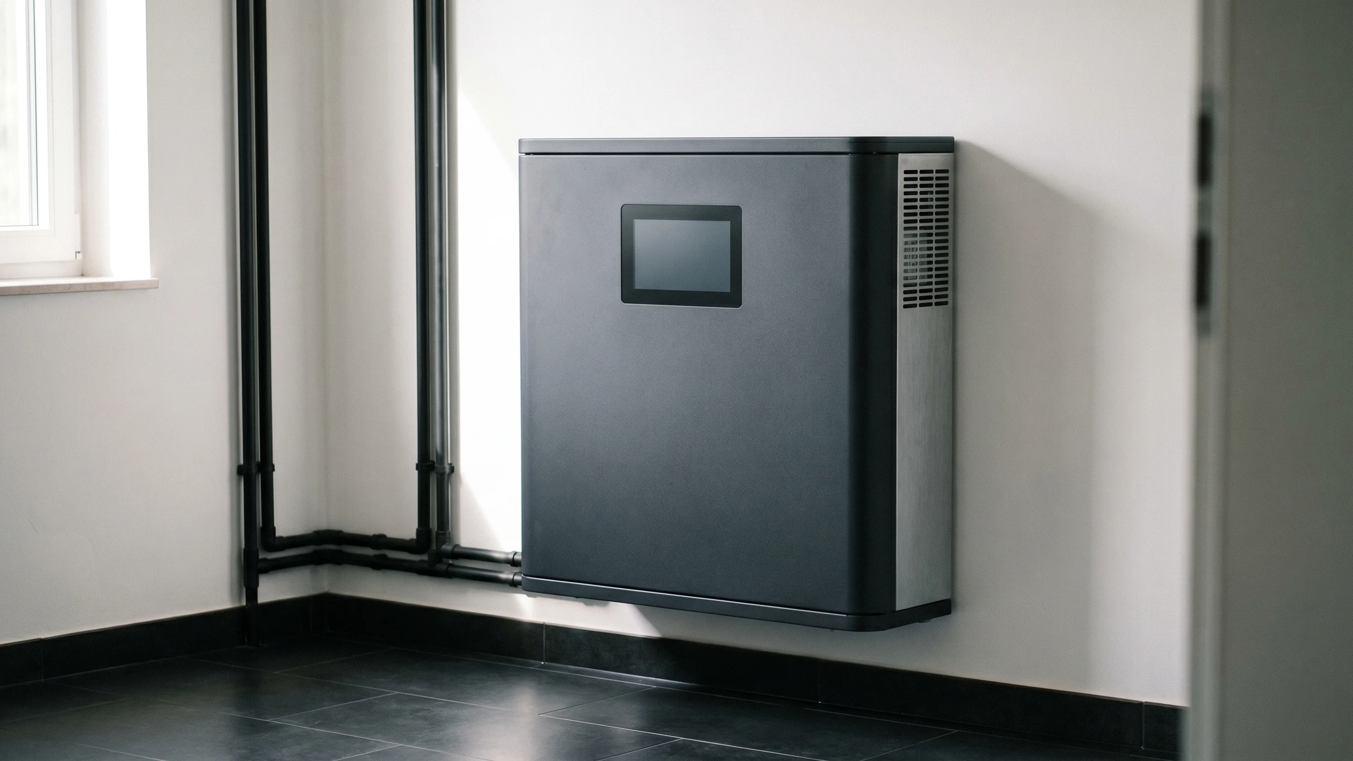 Wandgemonteerde thuisbatterij 10 kWh in antraciet op witte muur in technische ruimte met nette kabelgeleiding