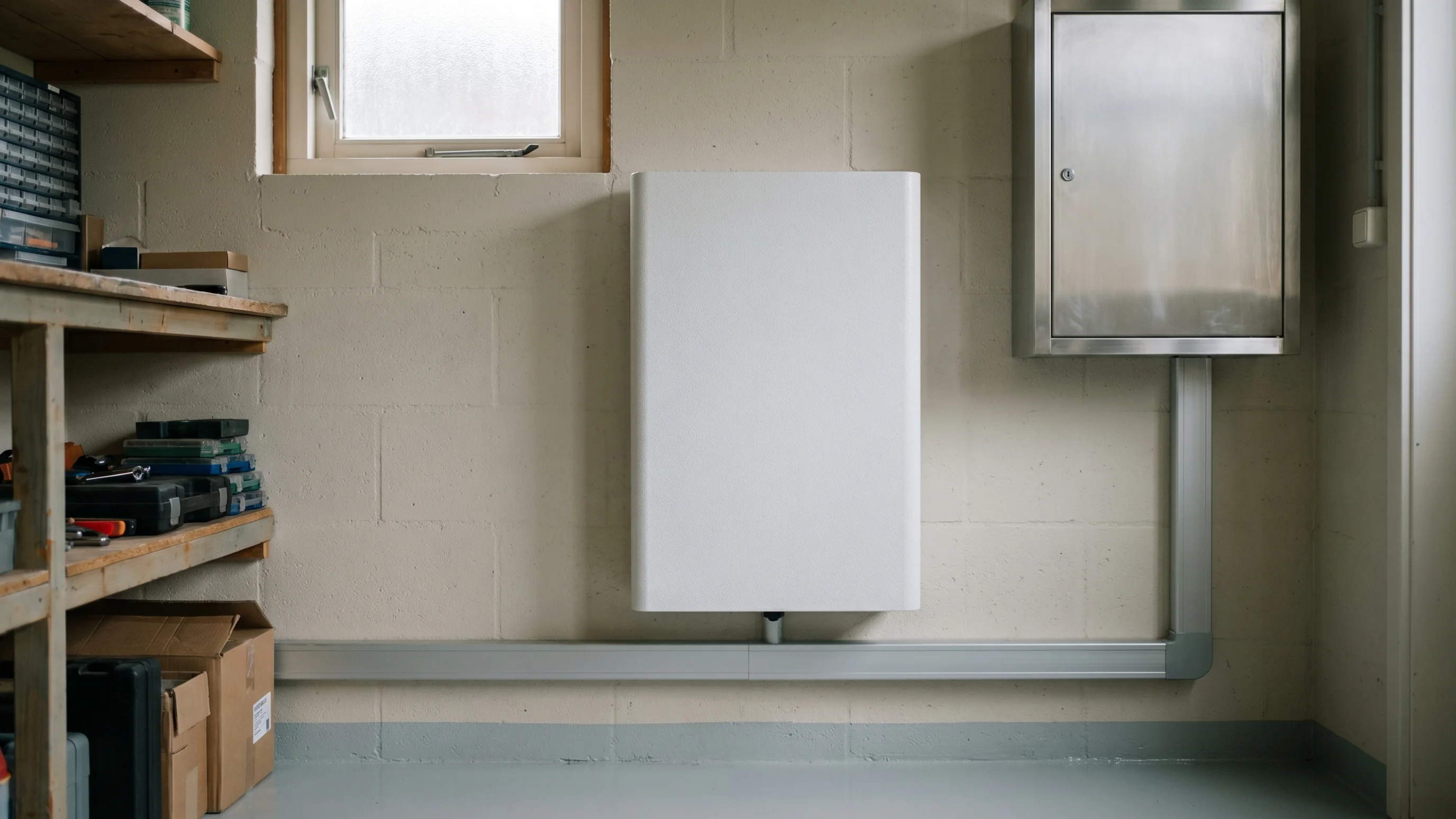 Witte thuisbatterij 10 kWh gemonteerd in nette technische ruimte van een Nederlandse woning