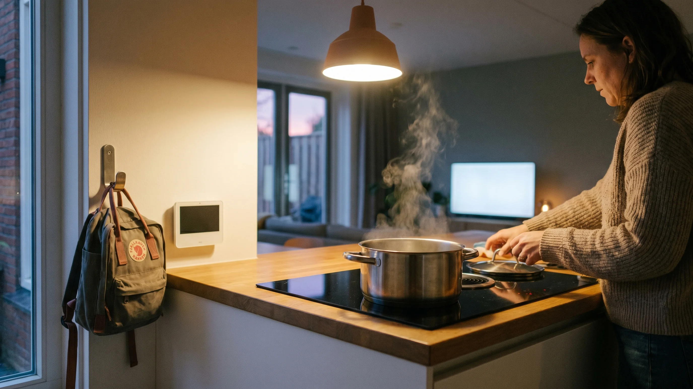 Gezin kookt op inductie tijdens de avondspits terwijl thuisbatterij 10 kWh de stroom levert