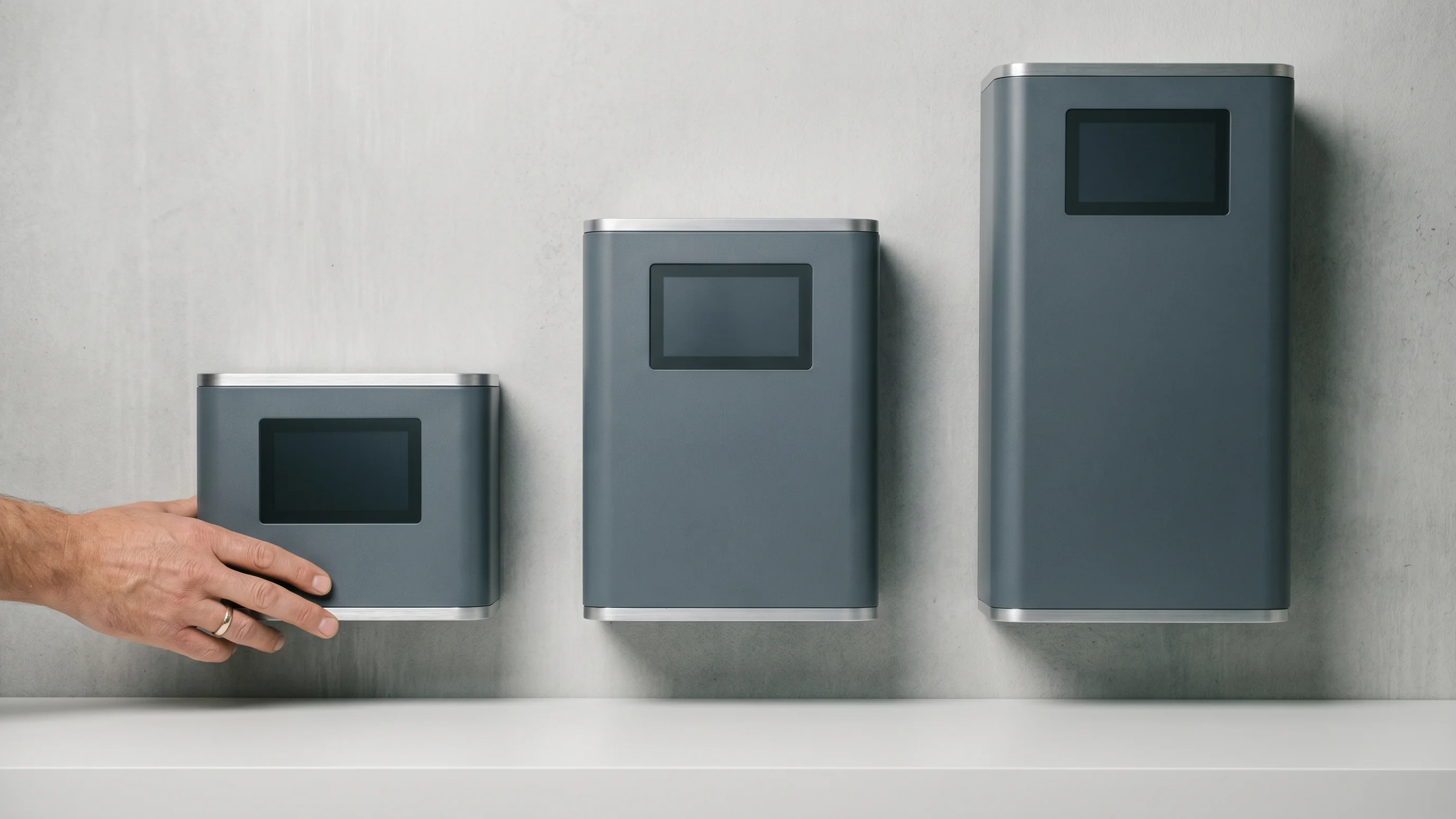 Drie thuisbatterijen van verschillende groottes (5, 10 en 15 kWh) naast elkaar gemonteerd op betonnen wand