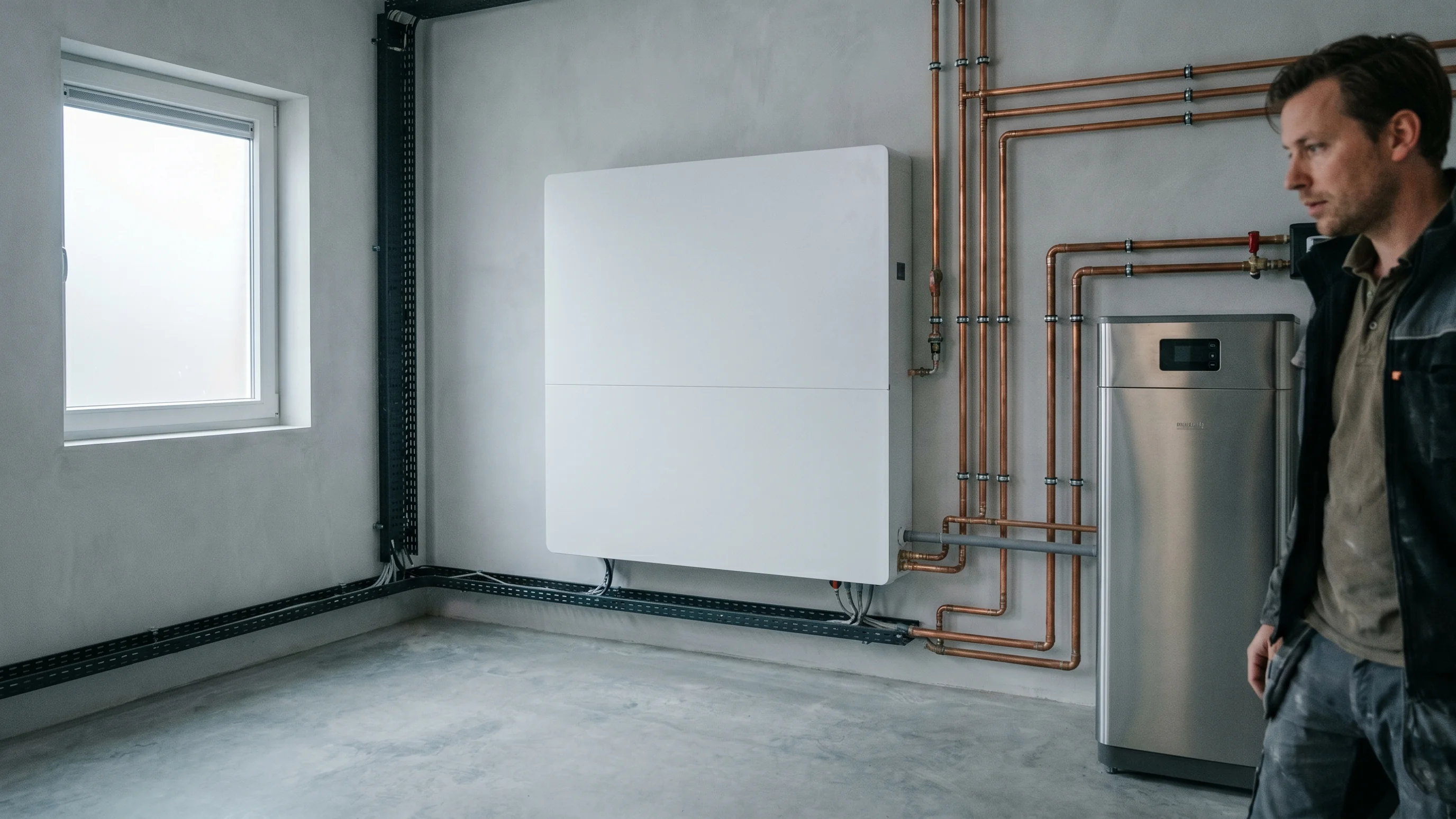 Thuisbatterij 15 kWh gemonteerd naast warmtepomp in moderne Nederlandse technische ruimte