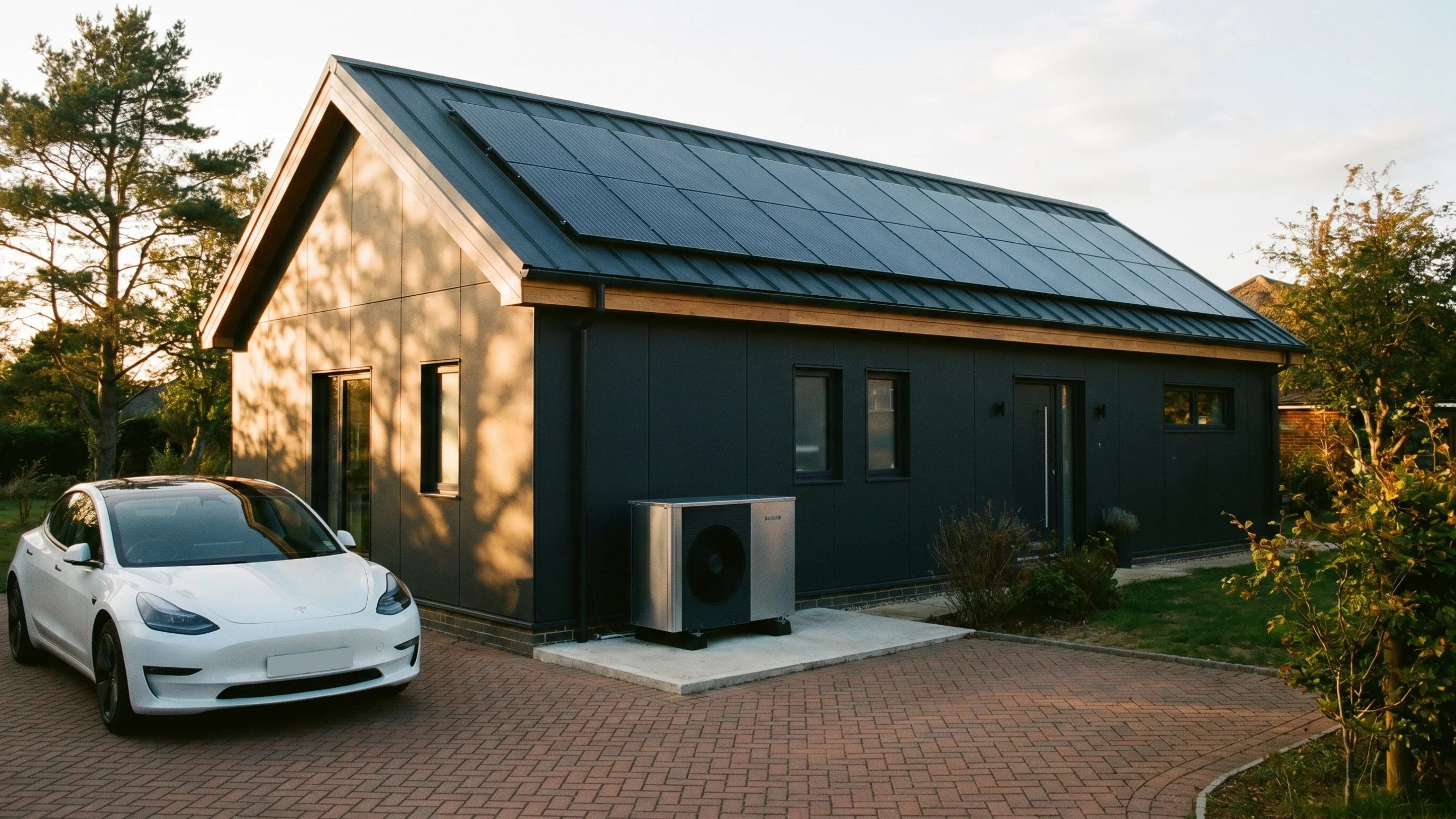 Vrijstaande woning met zonnepanelen op het dak, elektrische warmtepomp en elektrische auto op de oprit
