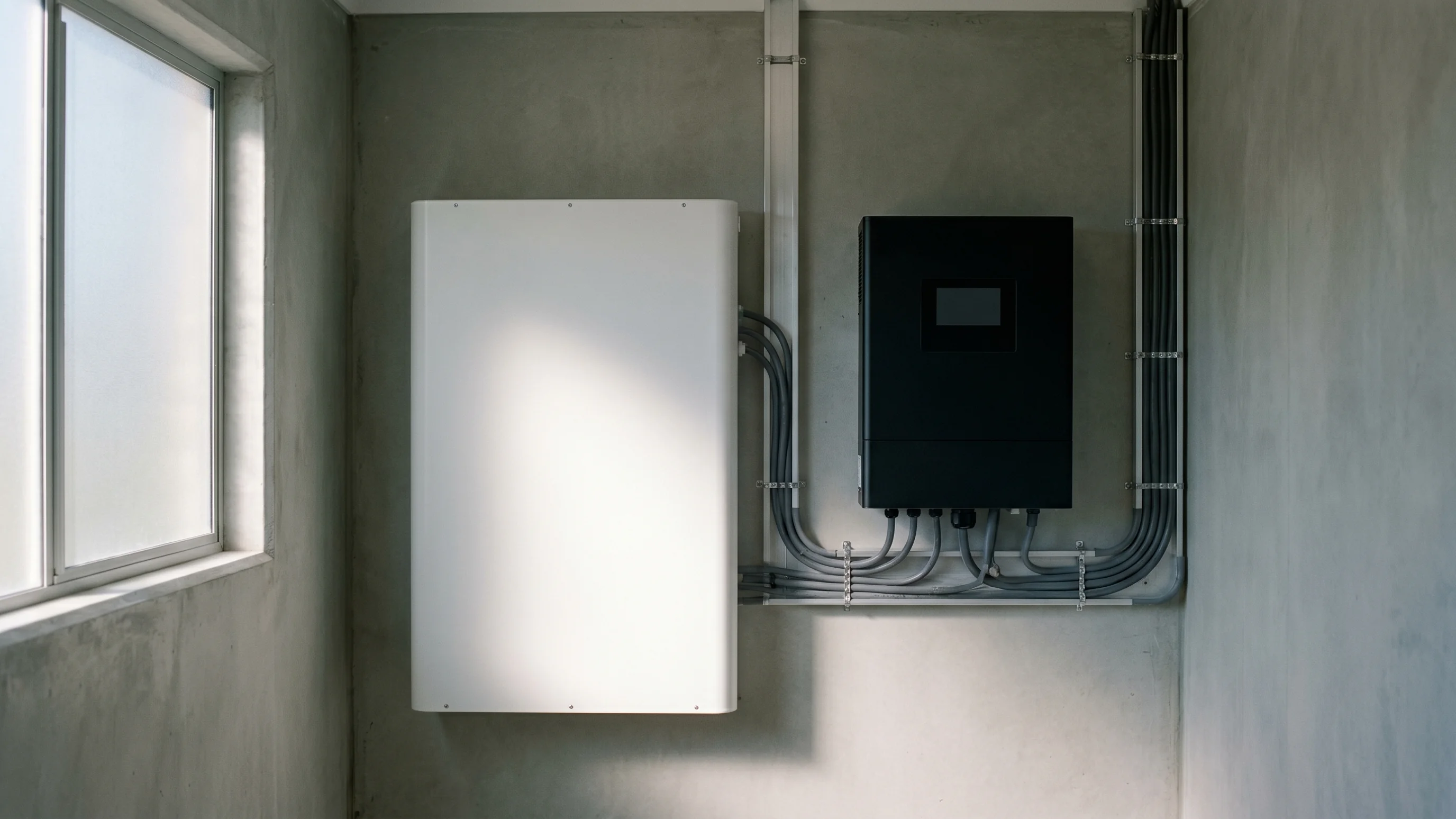 Thuisbatterij van 15 kWh gemonteerd in technische ruimte naast hybride omvormer met nette bekabeling