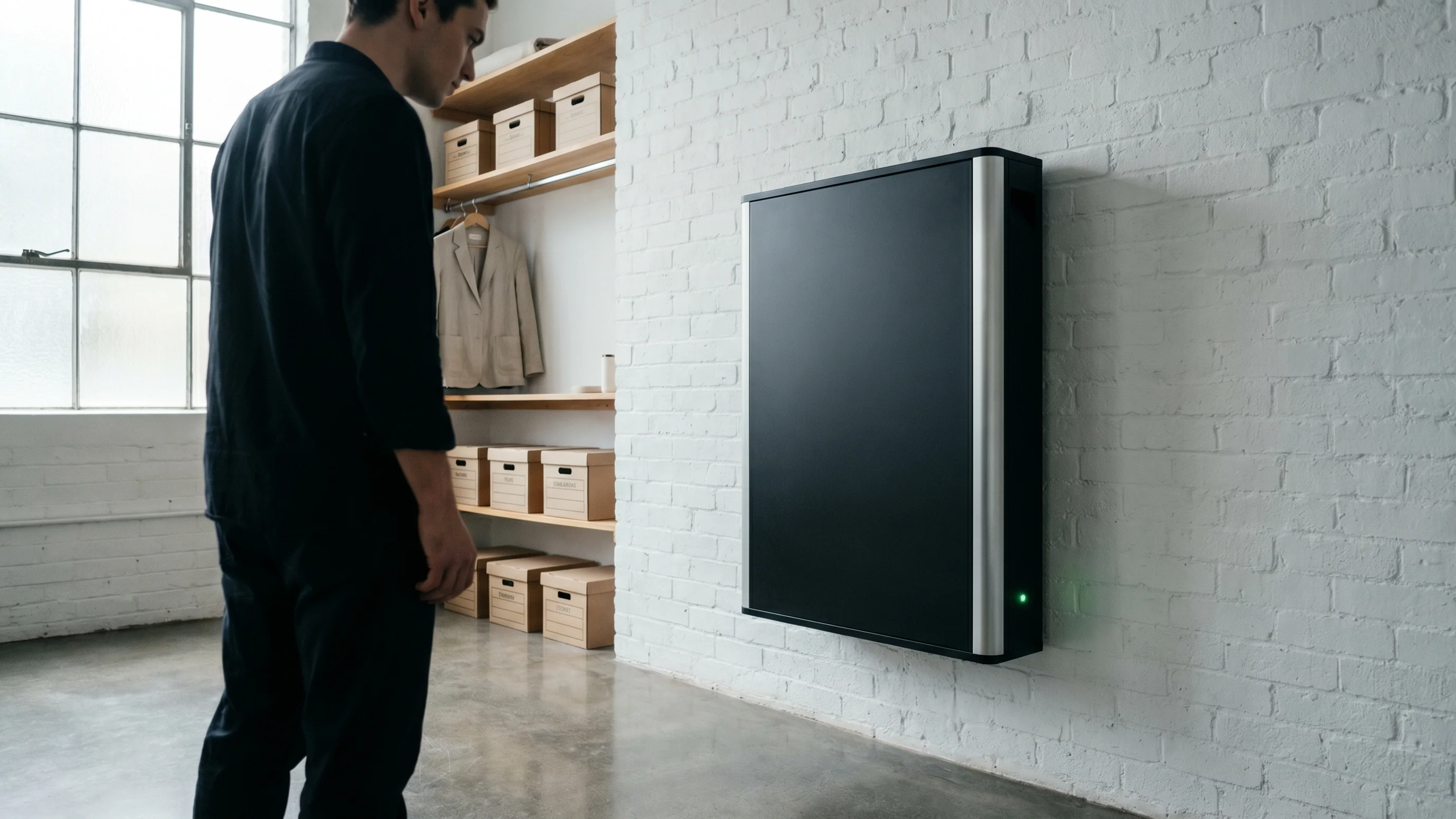 Strak zwart thuisbatterij systeem van 20 kWh gemonteerd aan muur in moderne technische ruimte met betonvloer
