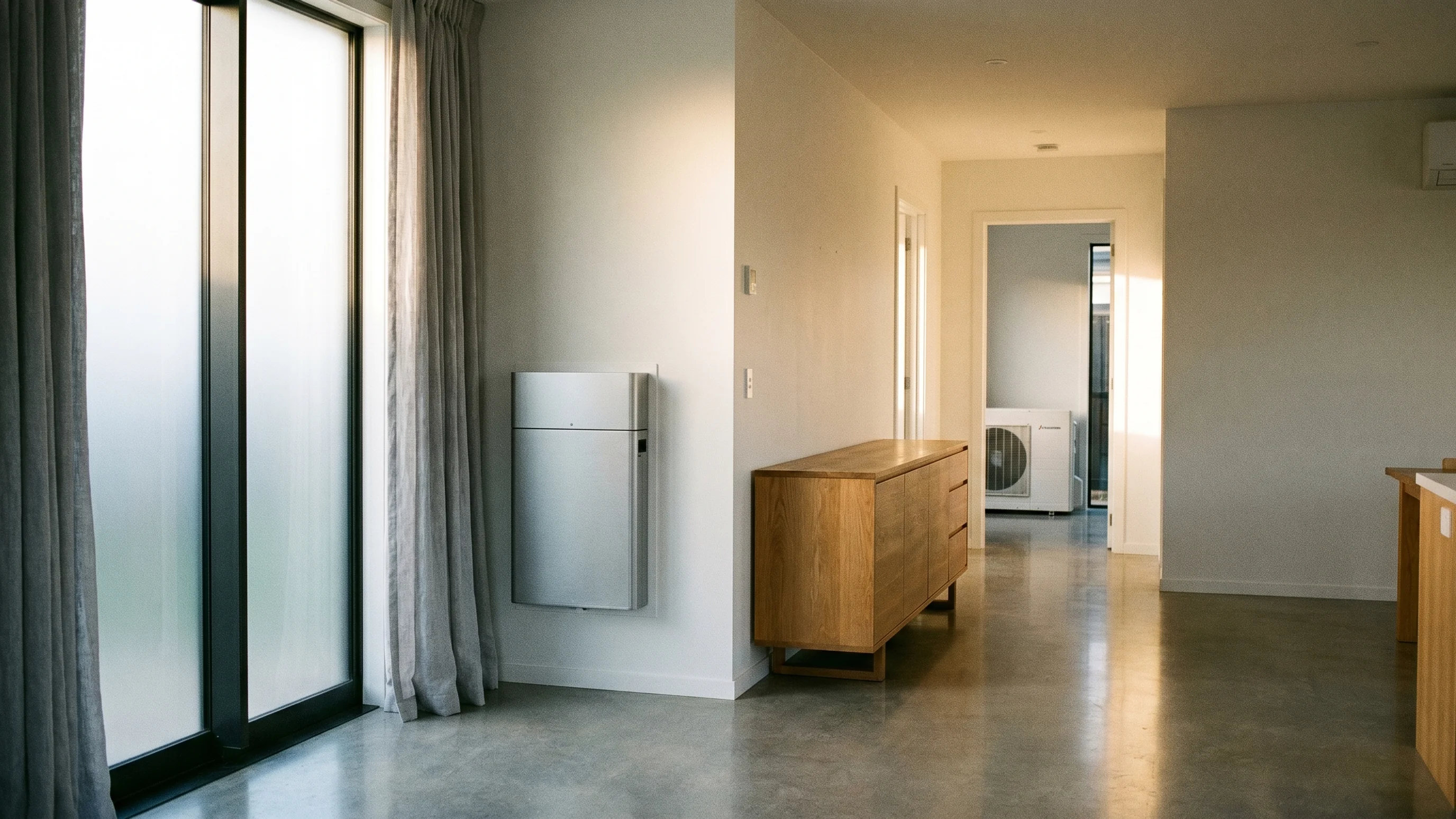 Thuisbatterij in brushed aluminium behuizing tegen witte muur in moderne all-electric woning met betonvloer