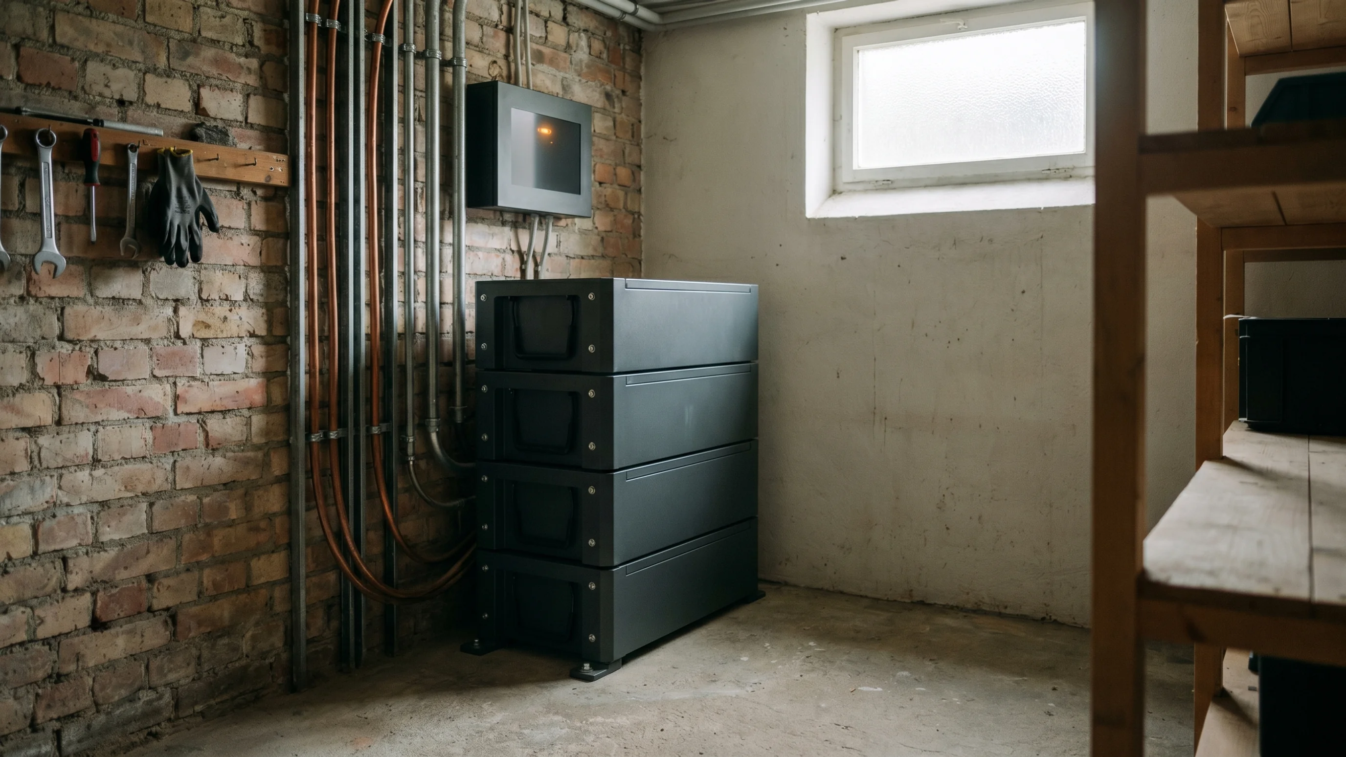 Modulaire thuisbatterij van vier blokken in technische ruimte met bakstenen muur en nette kabelgoot