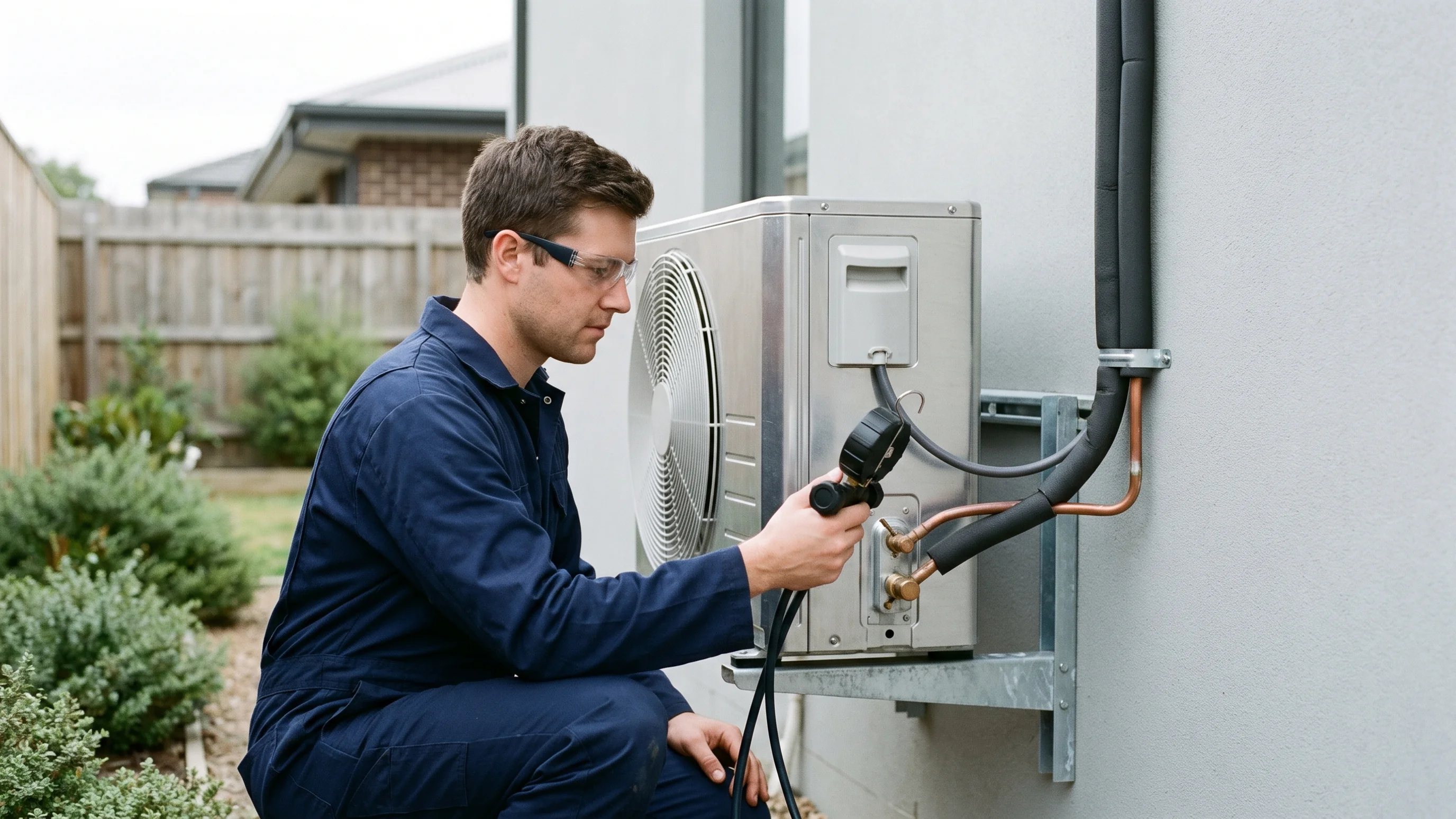 F-gassen gecertificeerde monteur controleert koperleidingen van een buitenunit airco aan gevel