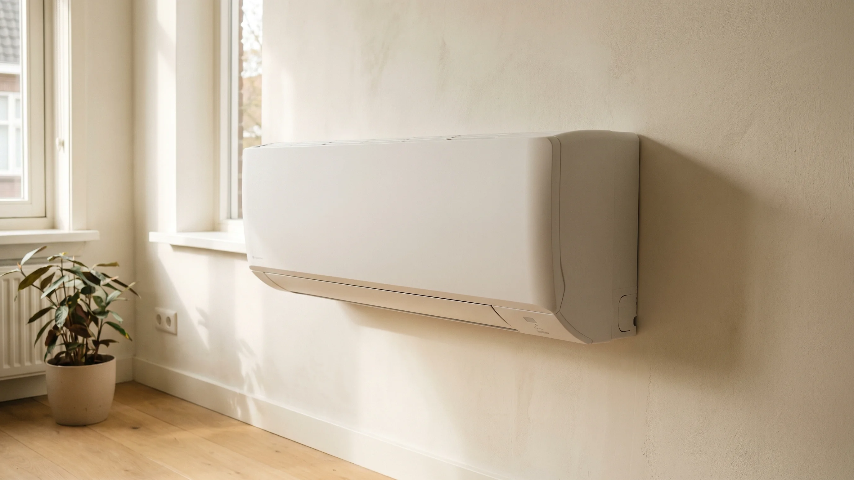Moderne wandgemonteerde split-unit airco in mat wit op een warme off-white muur in een Nederlandse woonkamer
