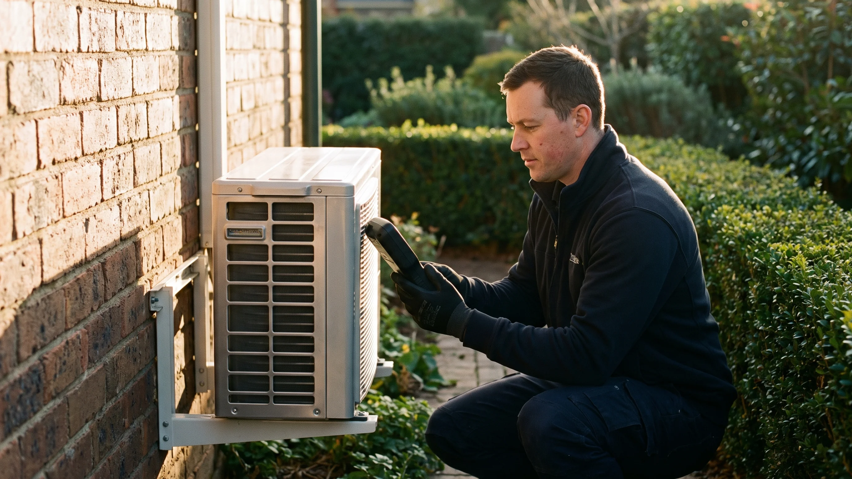 Monteur controleert buitendeel airco aan bakstenen gevel tijdens onderhoud