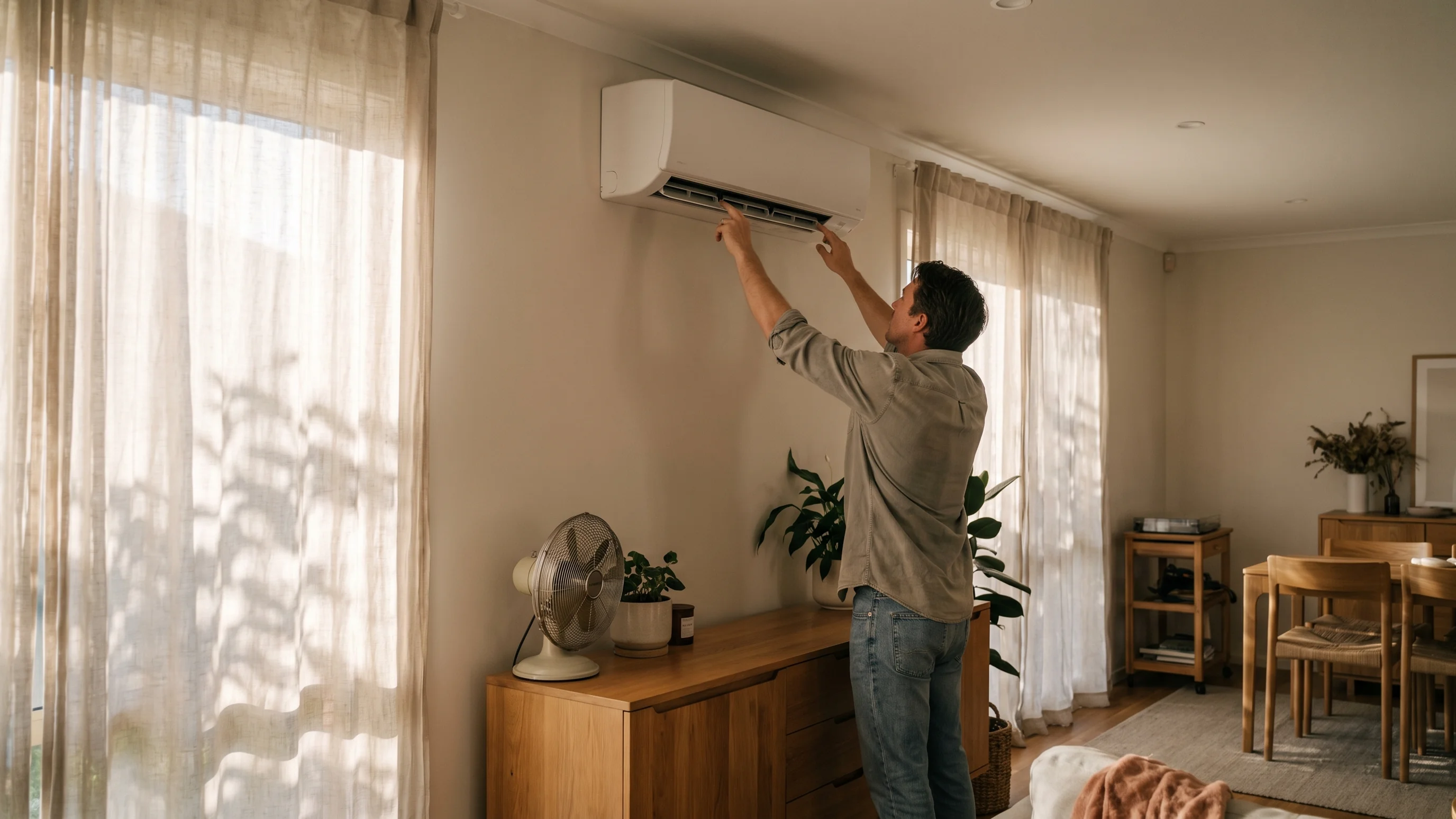 Persoon stelt een muurmontage-airco in de woonkamer in bij natuurlijk raamlicht