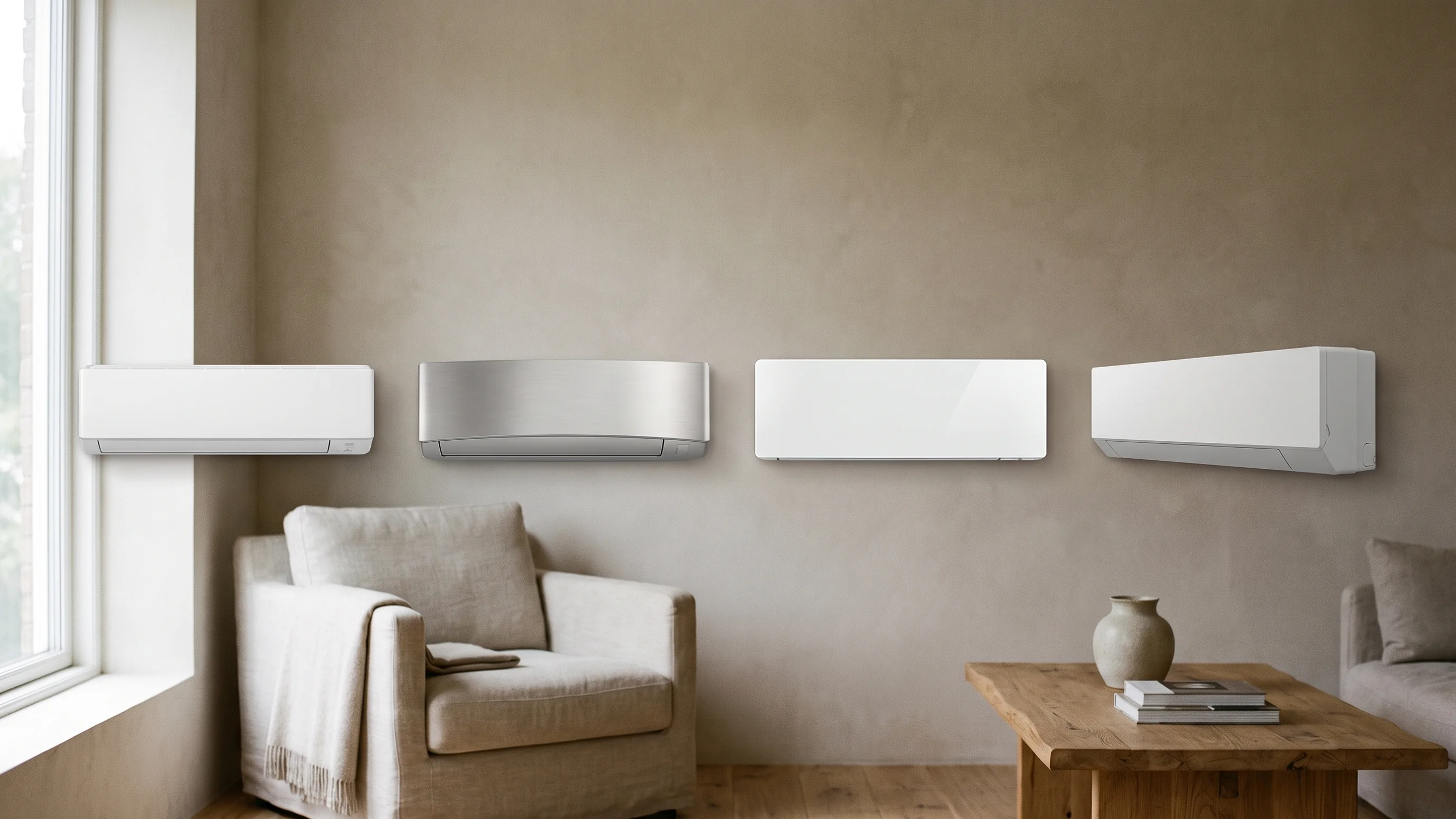 Vier verschillende Daikin airco modellen naast elkaar aan de muur in een moderne woonkamer met eiken vloer en linnen meubels