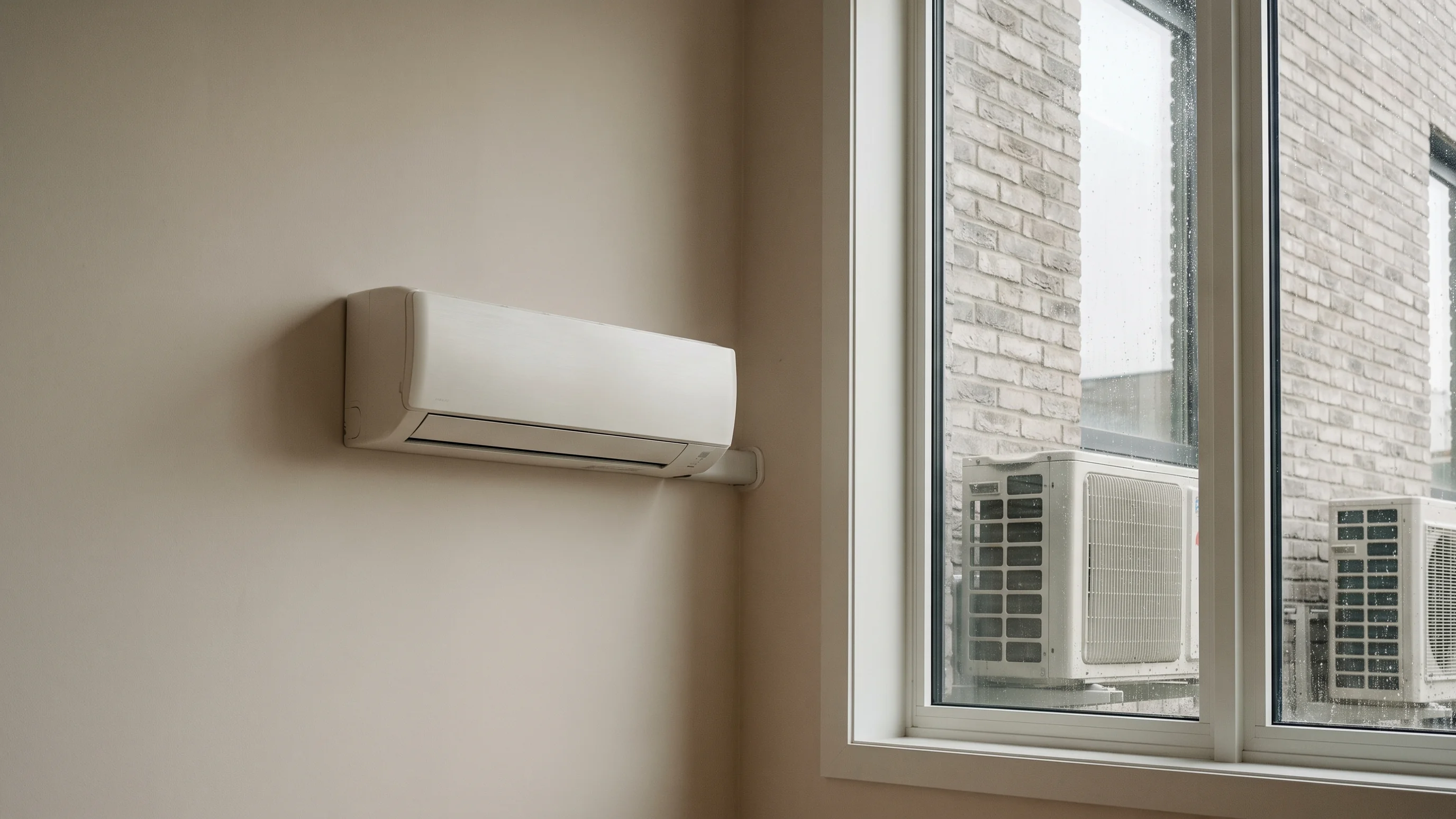 Binnen wandunit van een single split airco naast raam, met buiten twee condensors zichtbaar voor multi split vergelijking
