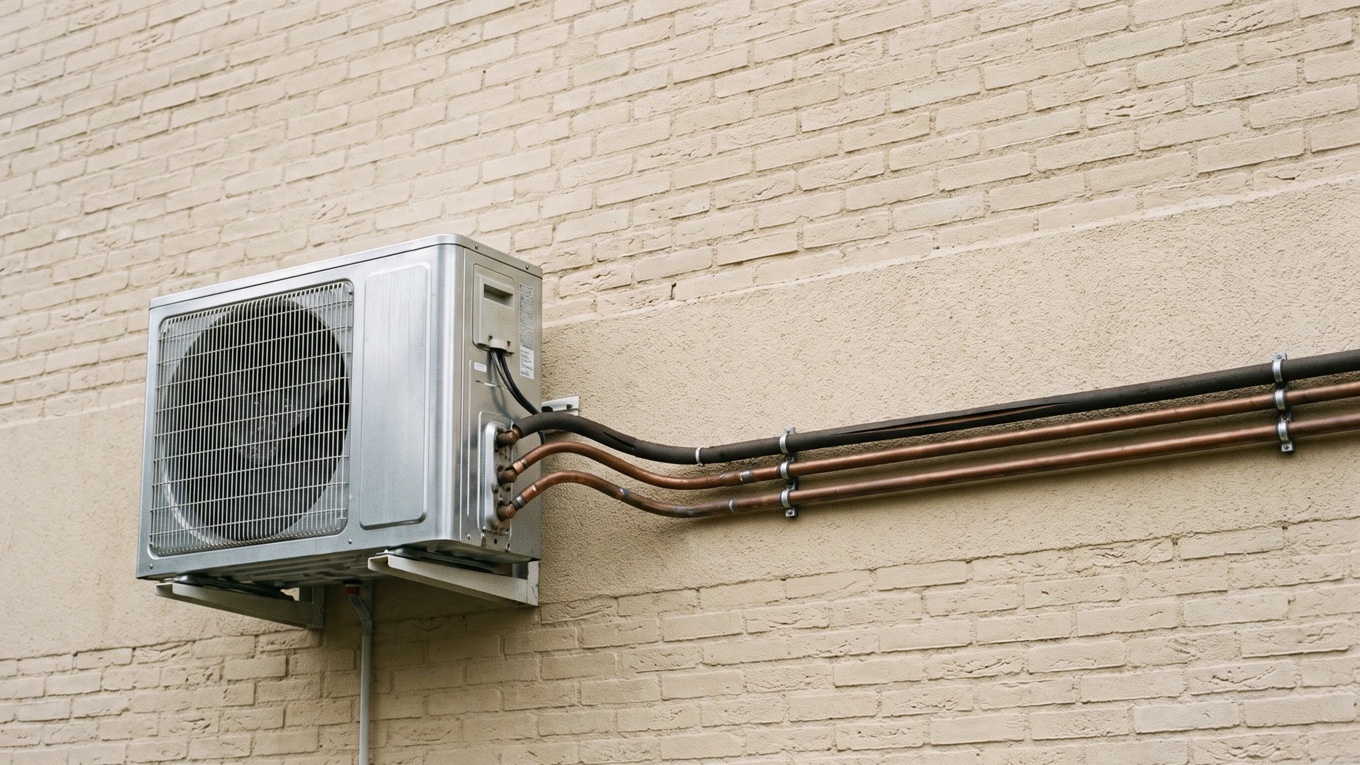 Buitenunit van een multi-split airco op Nederlandse gevel met drie koperen koelleidingen naar meerdere kamers