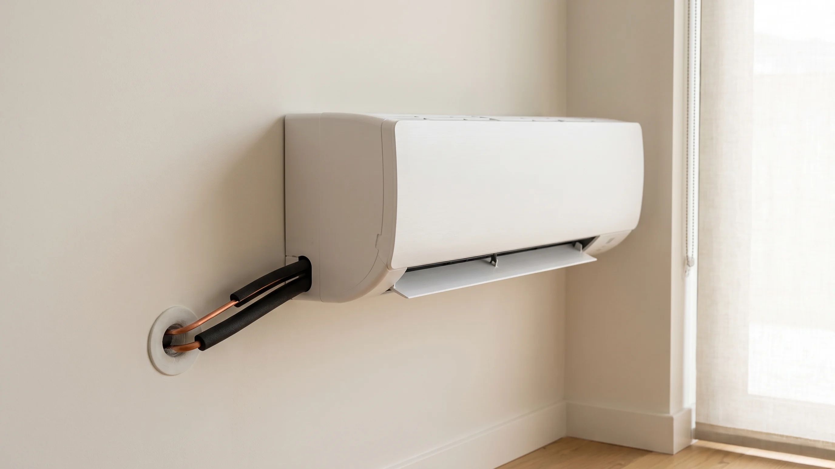 Witte multi split airco binnendeel aan muur gemonteerd met koperen leidingen in modern interieur met eiken vloer
