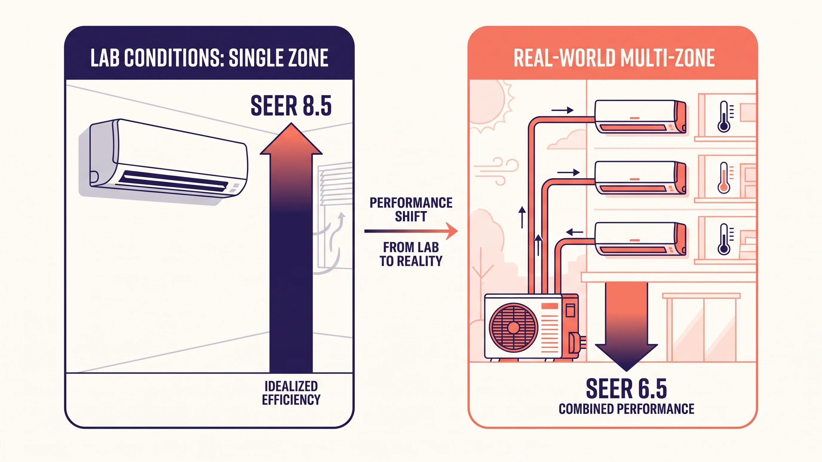 Diagram dat het verschil toont tussen de SEER-labelscore per binnenunit en de lagere gecombineerde SEER bij gelijktijdig gebruik
