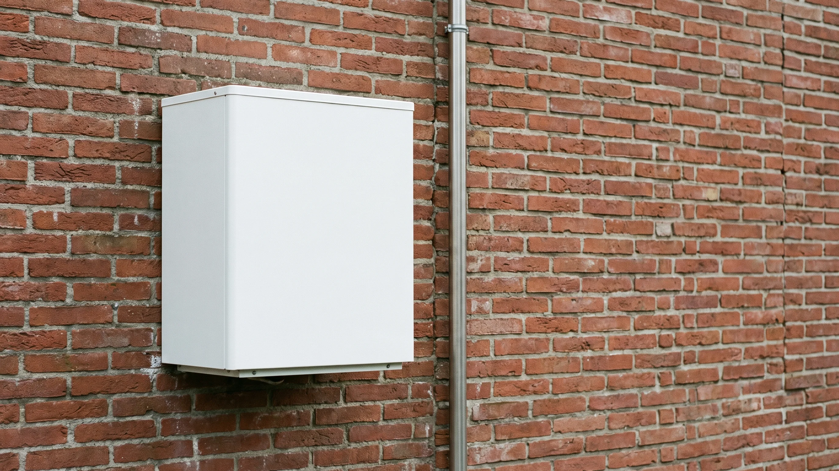 Propaan warmtepomp unit gemonteerd op bakstenen gevel van Nederlandse rijtjeswoning met optimale COP-plaatsing