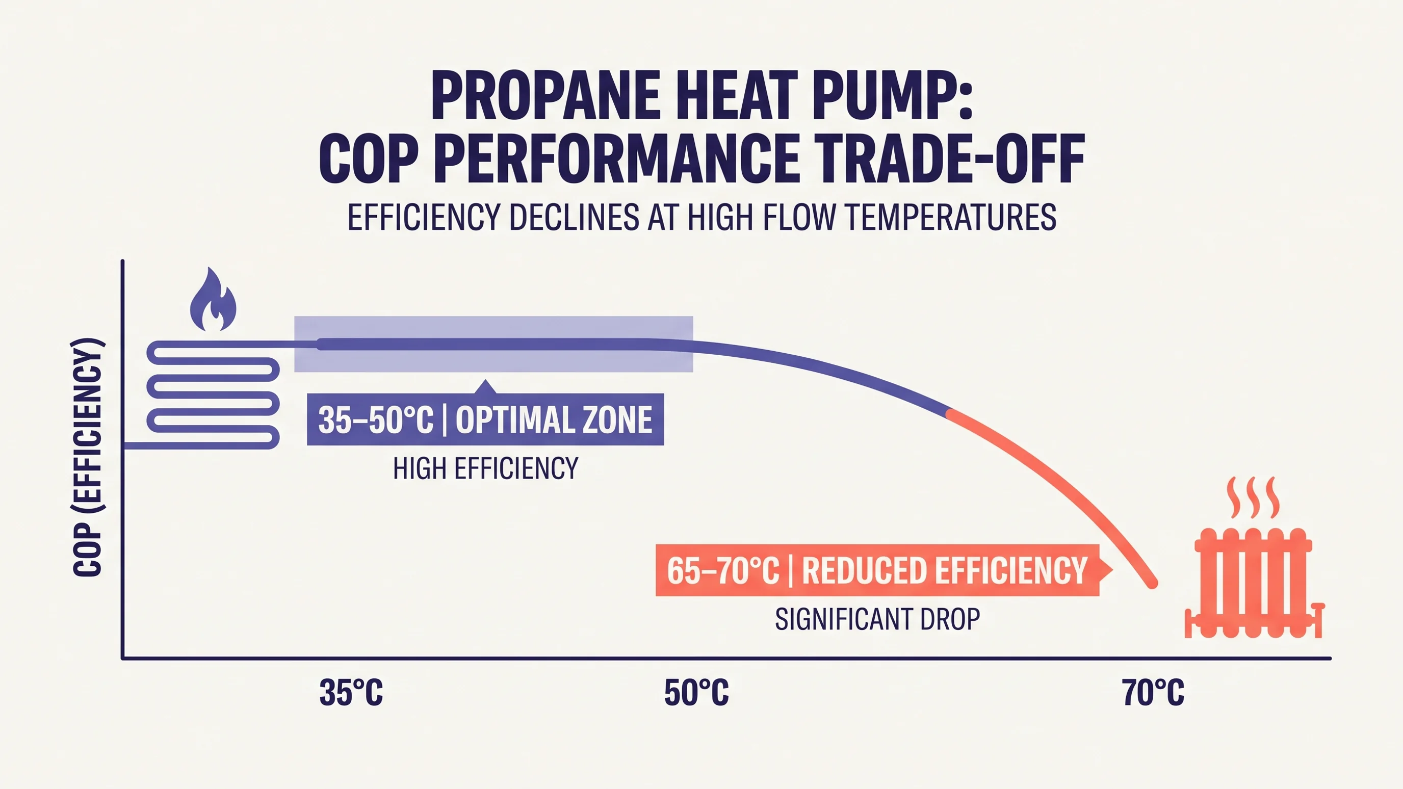Grafiek van propaan warmtepomp COP bij lage aanvoertemperatuur 35-50°C versus hoge aanvoer 65-70°C voor radiatoren