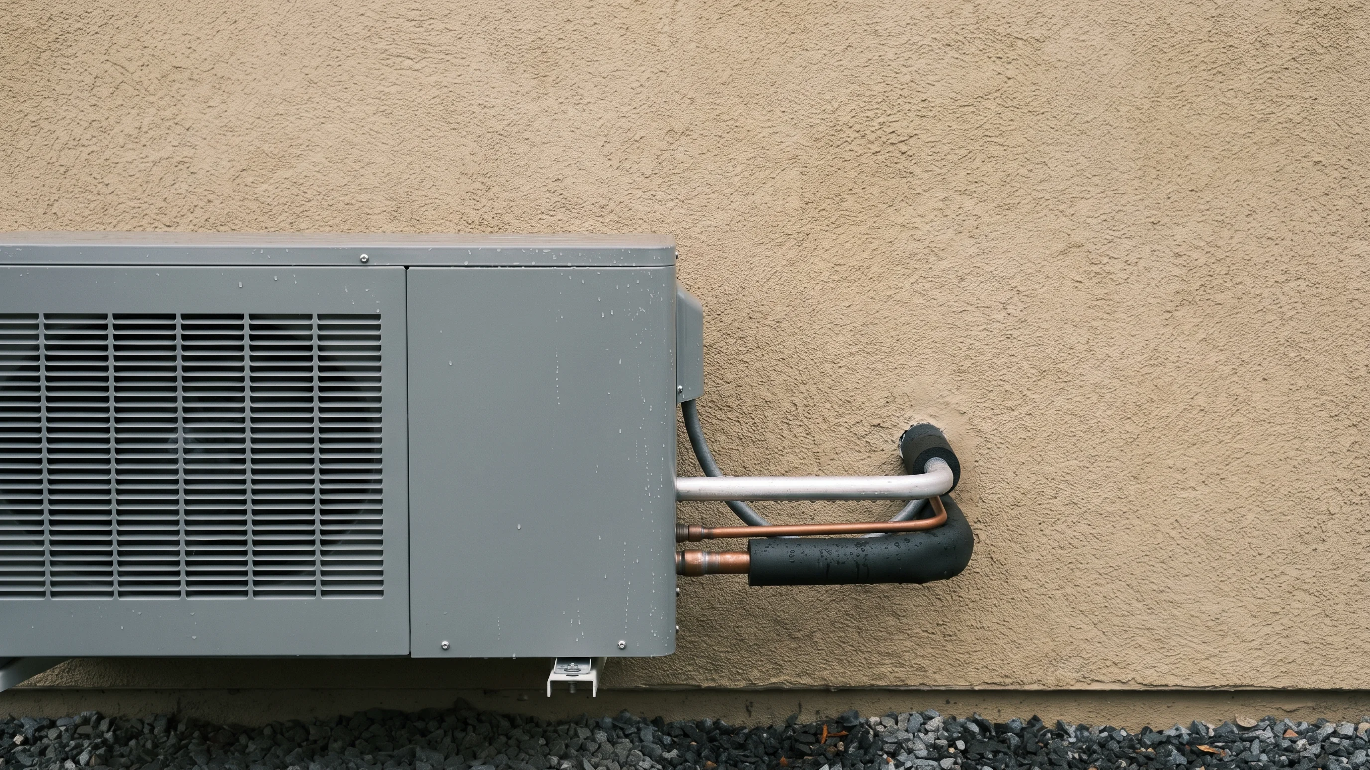 Propaan warmtepomp buitenunit gemonteerd aan betonnen gevel met aluminium koelleidingen en zwarte EPDM isolatie