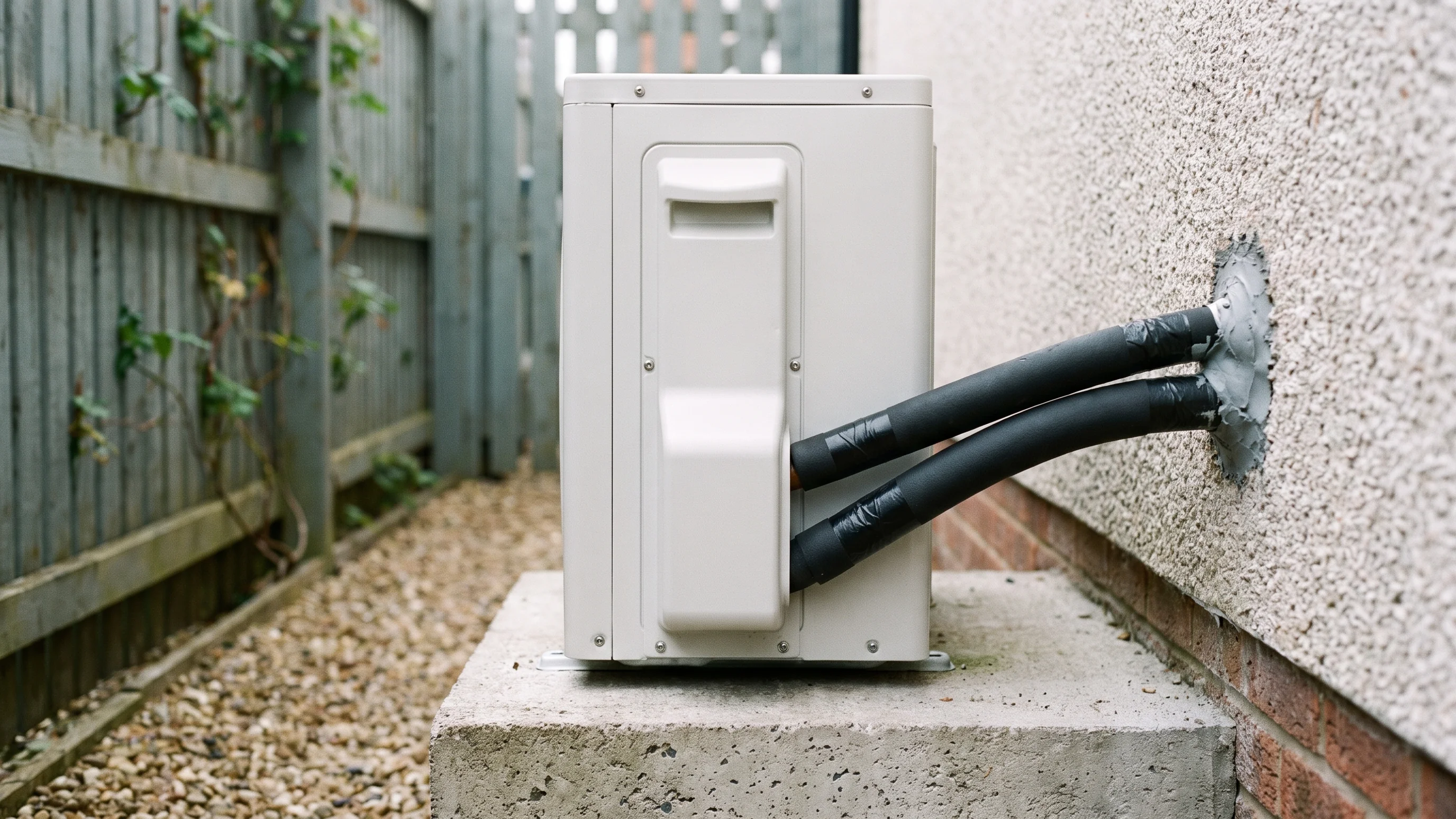 Monoblock propaan warmtepomp buitenunit op betonnen sokkel met geïsoleerde waterleidingen door gevel