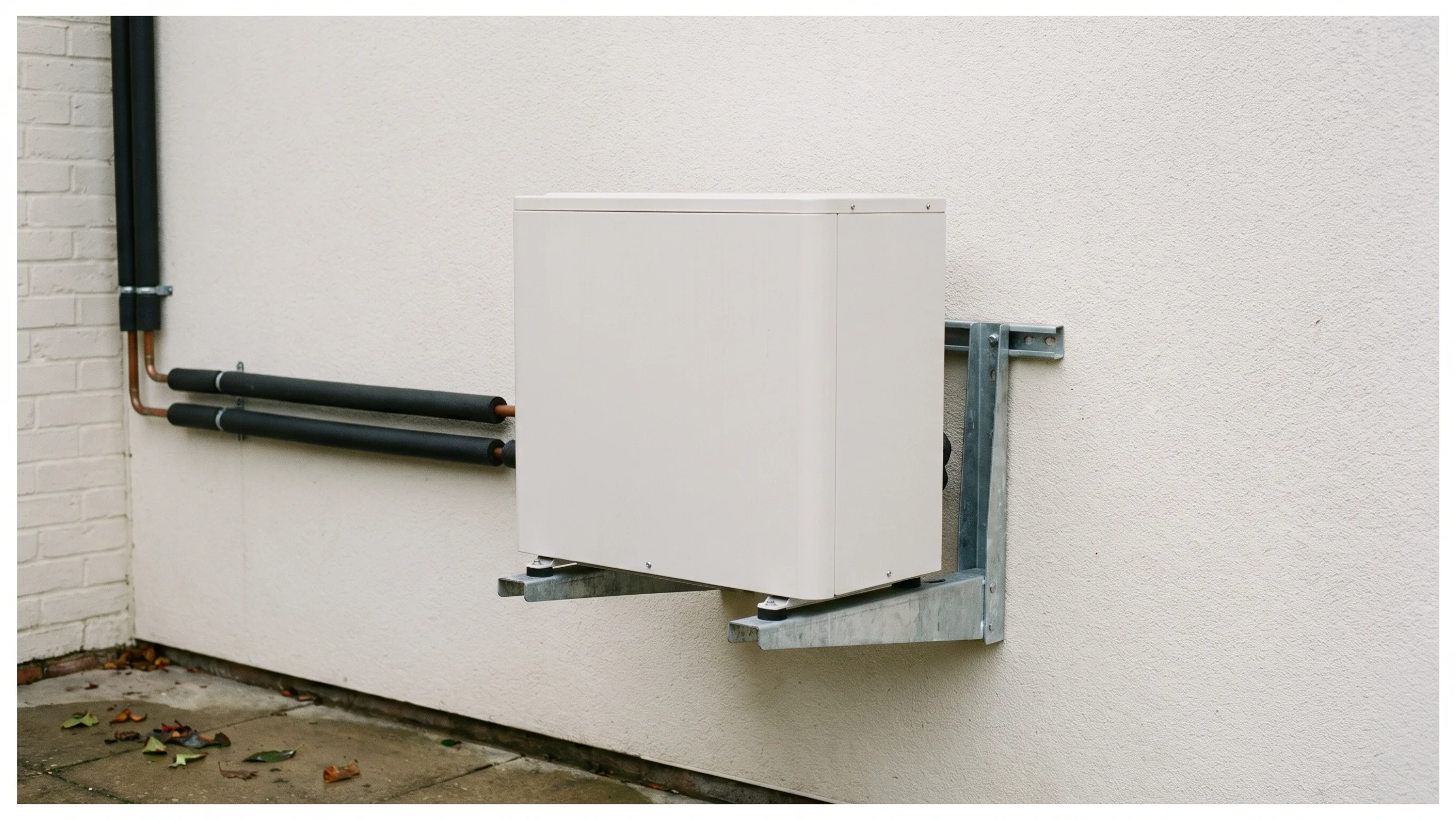 Buitenunit van een multi split airco gemonteerd op een stalen beugel aan een buitenmuur met geïsoleerde koelleidingen