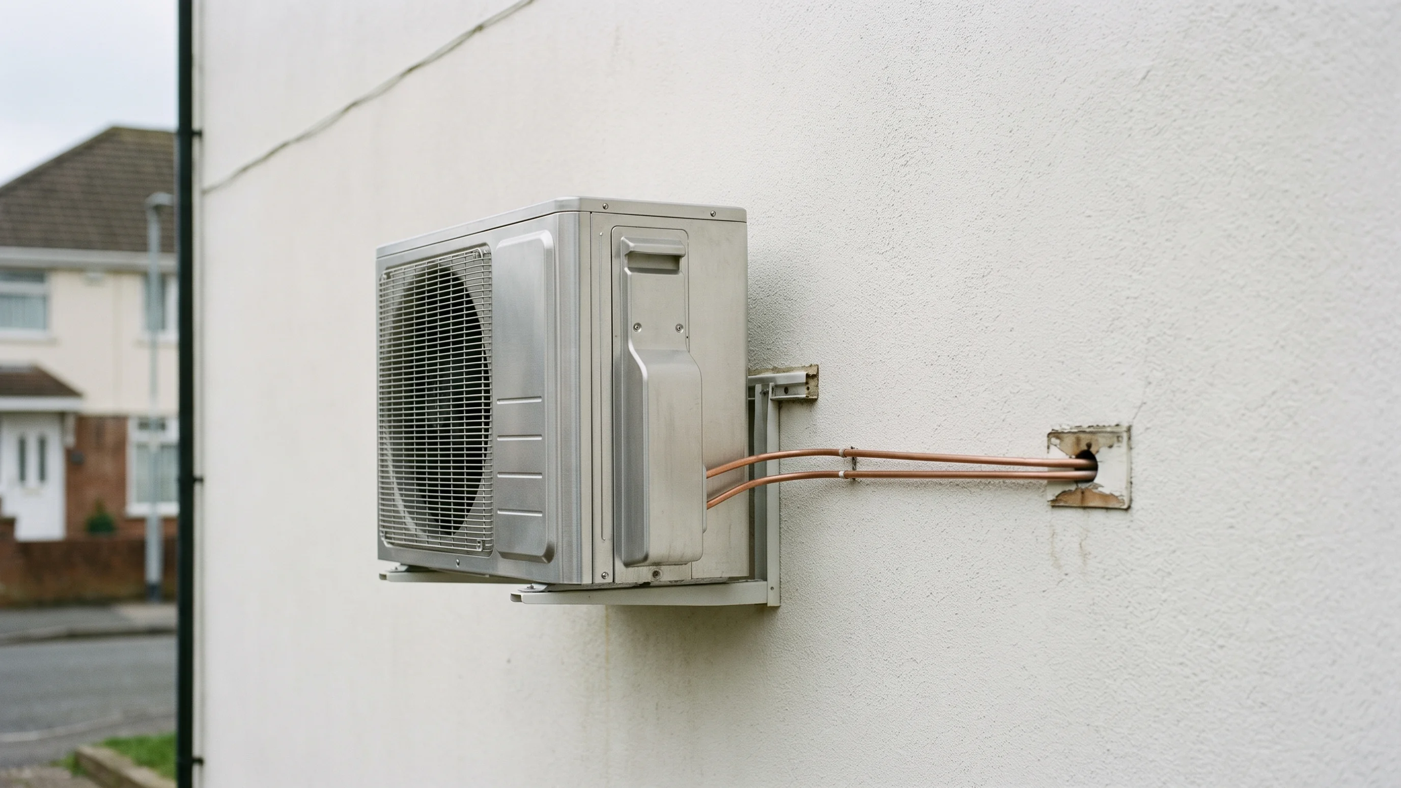 Daikin multi split airco buitenunit gemonteerd op witte buitenmuur met koperen koelleidingen naar binnen