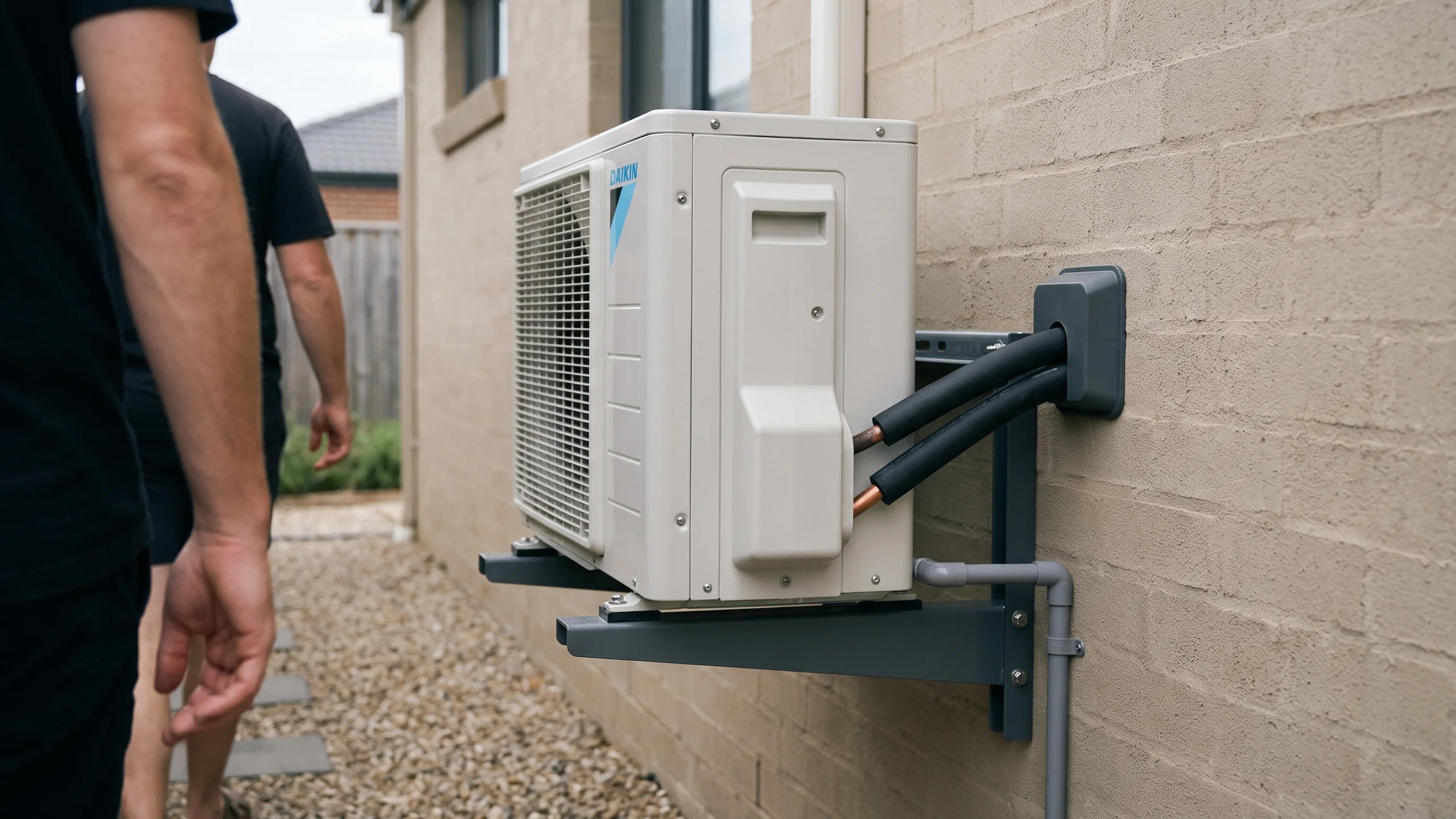 Daikin buitenunit van een multi split airco gemonteerd aan een bakstenen gevel met keurig weggewerkte koelleidingen