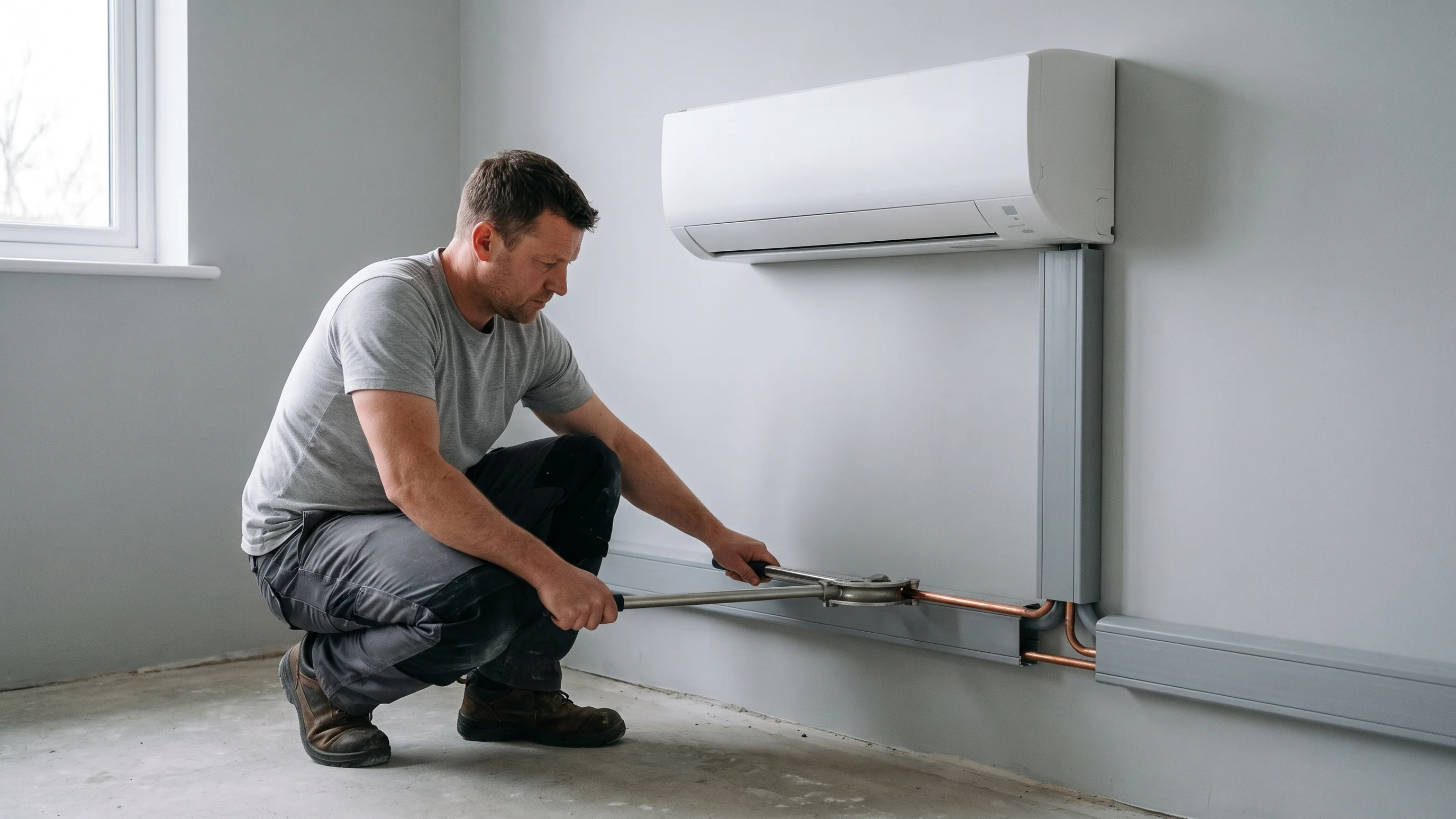 Monteur installeert multi split airco met 2 binnenunits aan lichtgrijze muur inclusief koperbuizen en PVC-kabelgoot