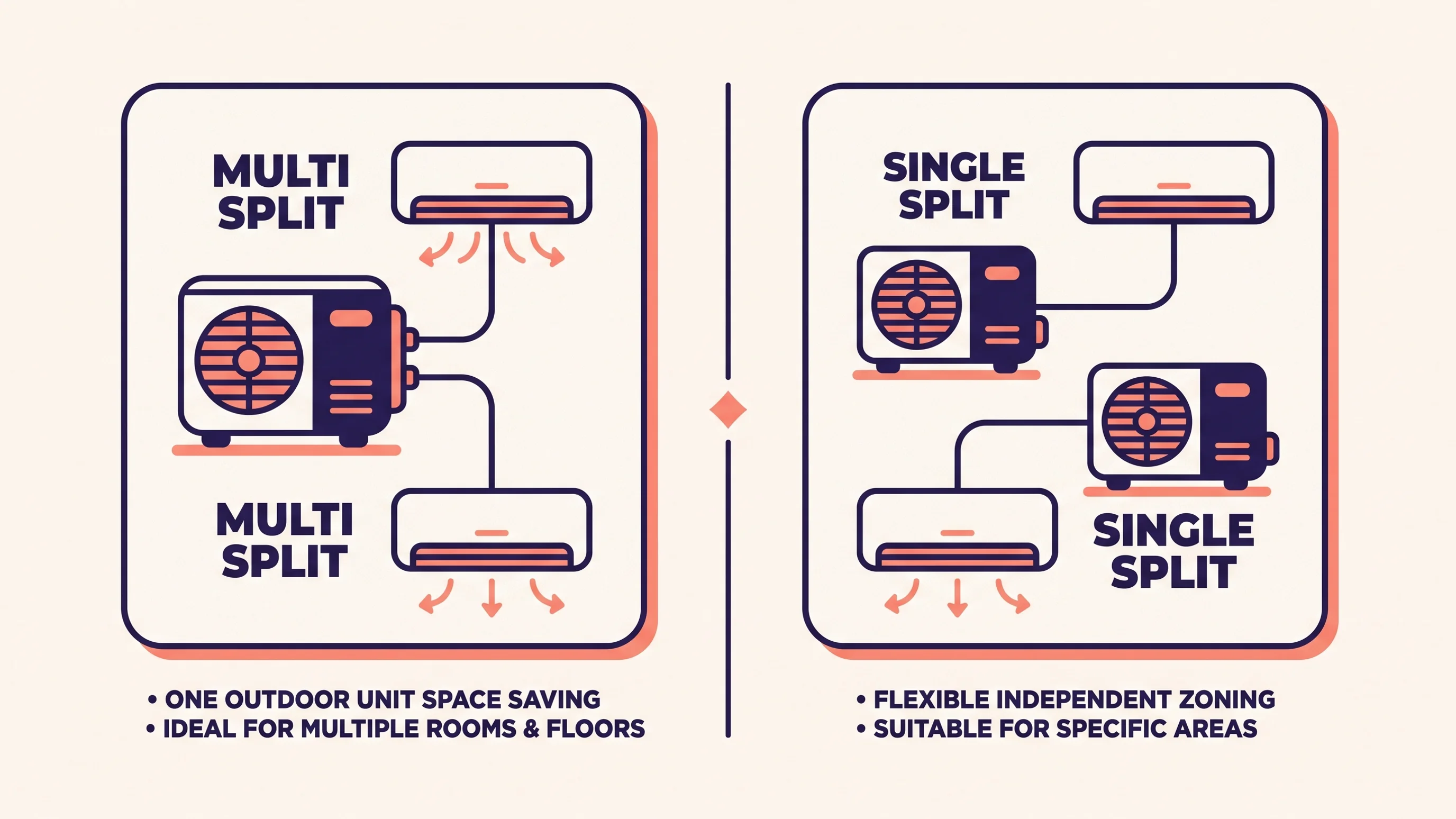 Diagram multi split vs single split airco: één buitenunit met twee binnenunits tegenover twee aparte systemen