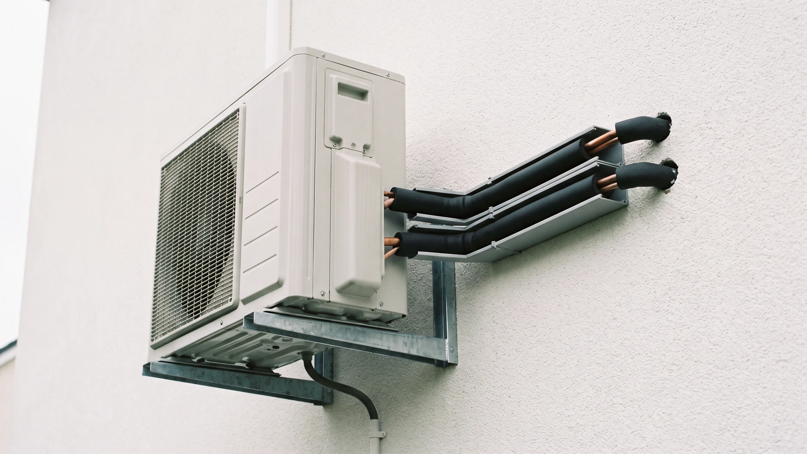 Buitenunit multi split airco op wandbeugel met twee sets koperen koelleidingen langs buitenmuur