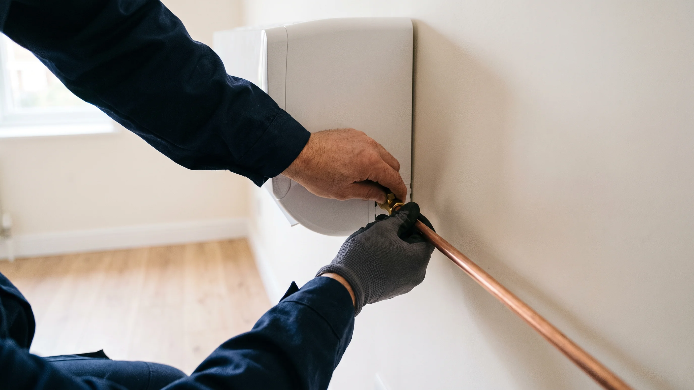 Technicus installeert single split airco binnendeel aan muur, koppelt koperen koelleidingen aan wandunit in woonkamer