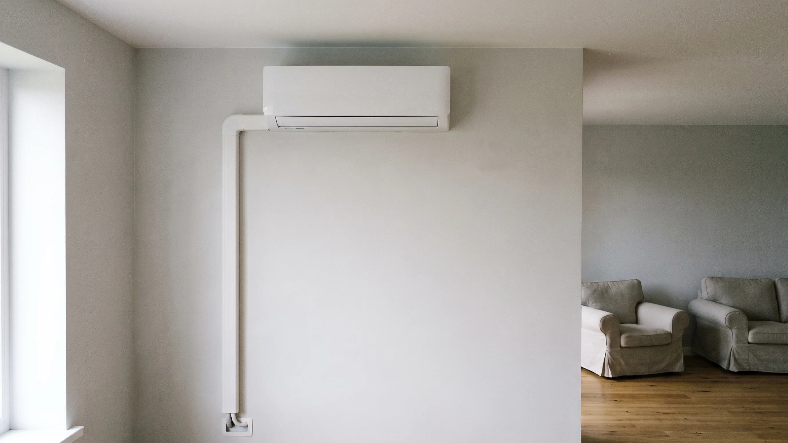 Witte single split airco binnenunit gemonteerd op gepleisterde muur boven eiken vloer in woonkamer