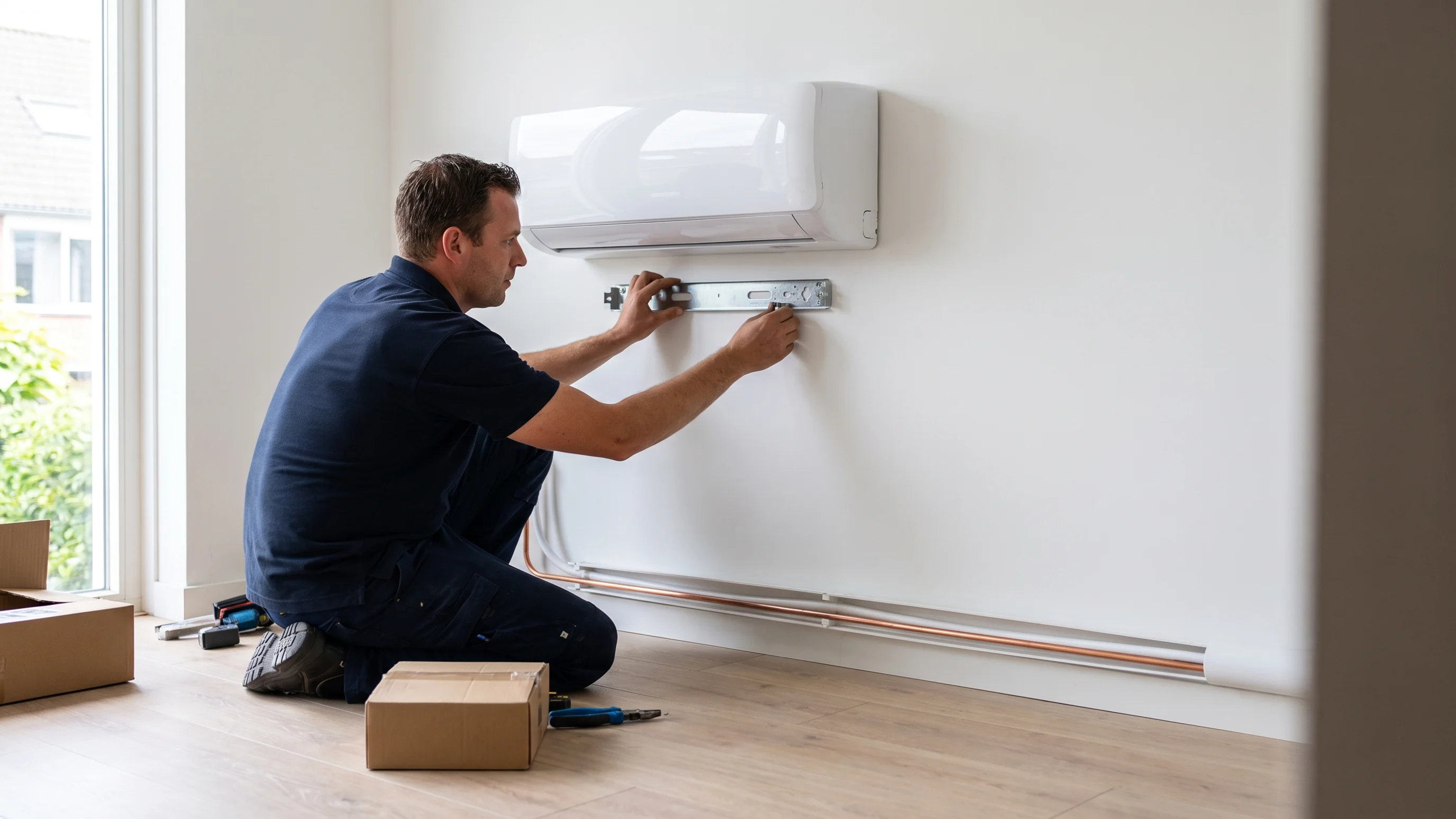Monteur installeert een single split airco binnenunit op een witte muur in een Nederlandse woonkamer