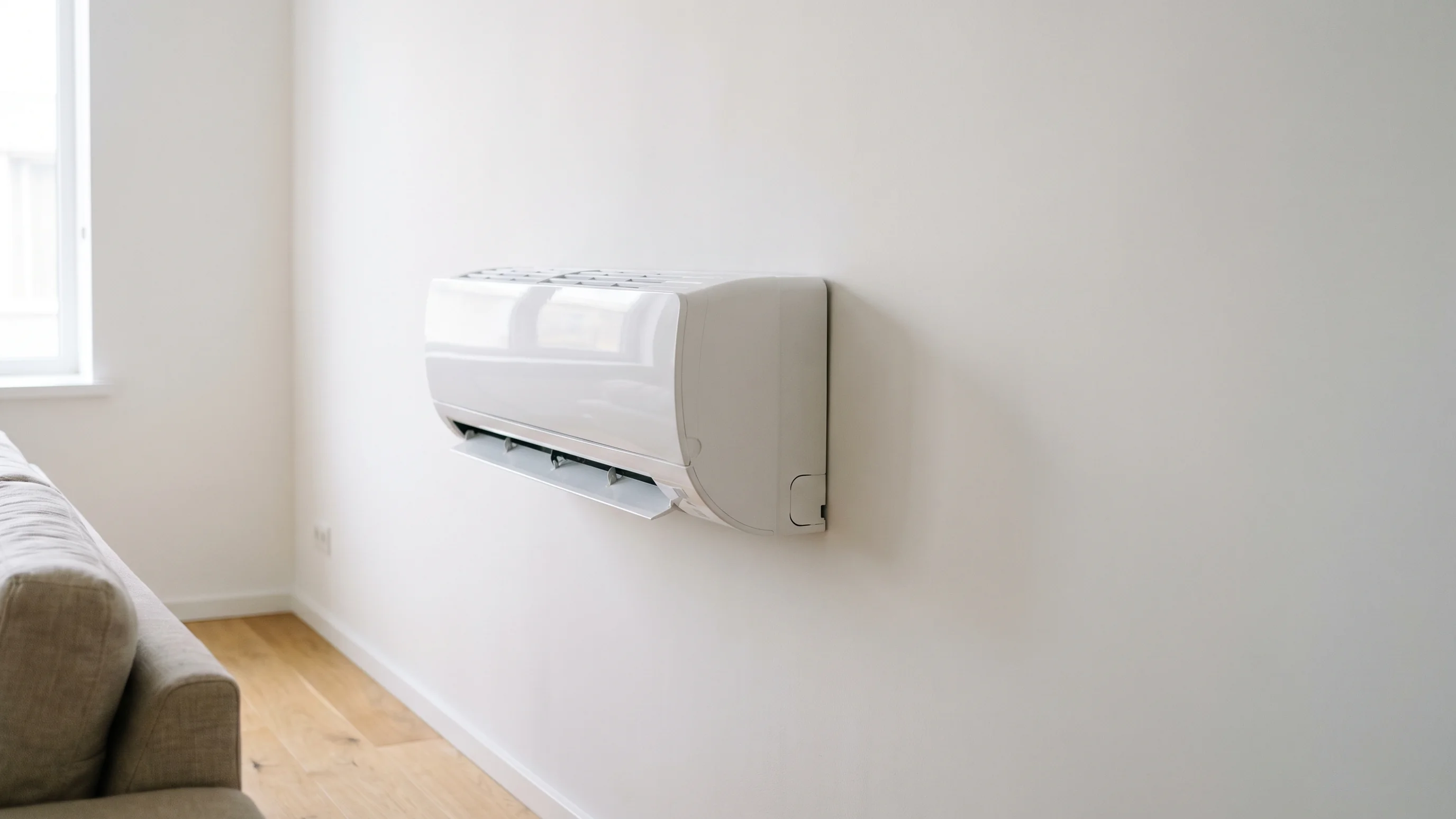 Moderne single split airco binnen-unit op witte muur in woonkamer met eiken vloer — beste merken vergeleken