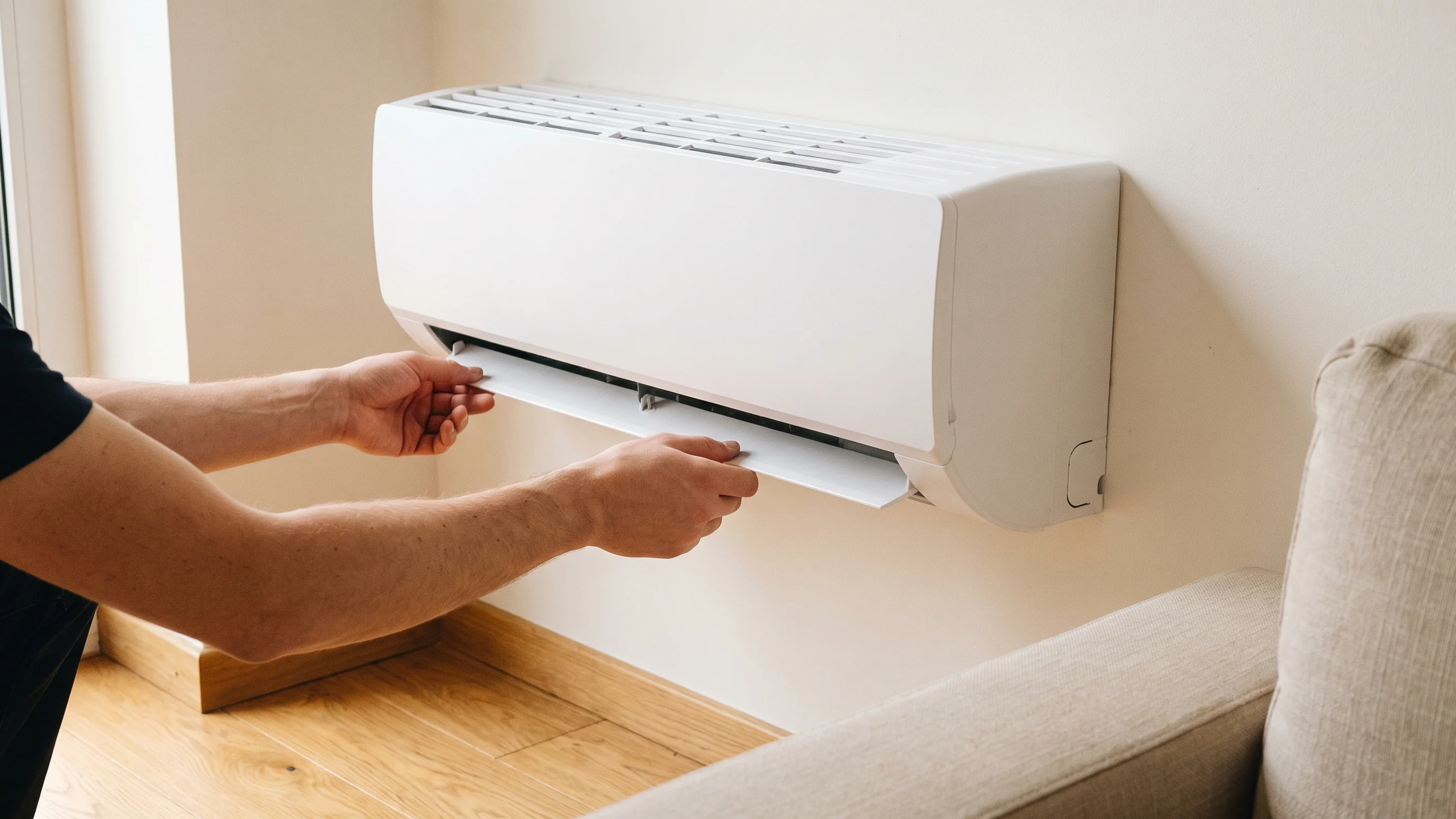 Binnenunit van een single split airco gemonteerd aan een gestuukte wand in een woonkamer met eikenhouten vloer