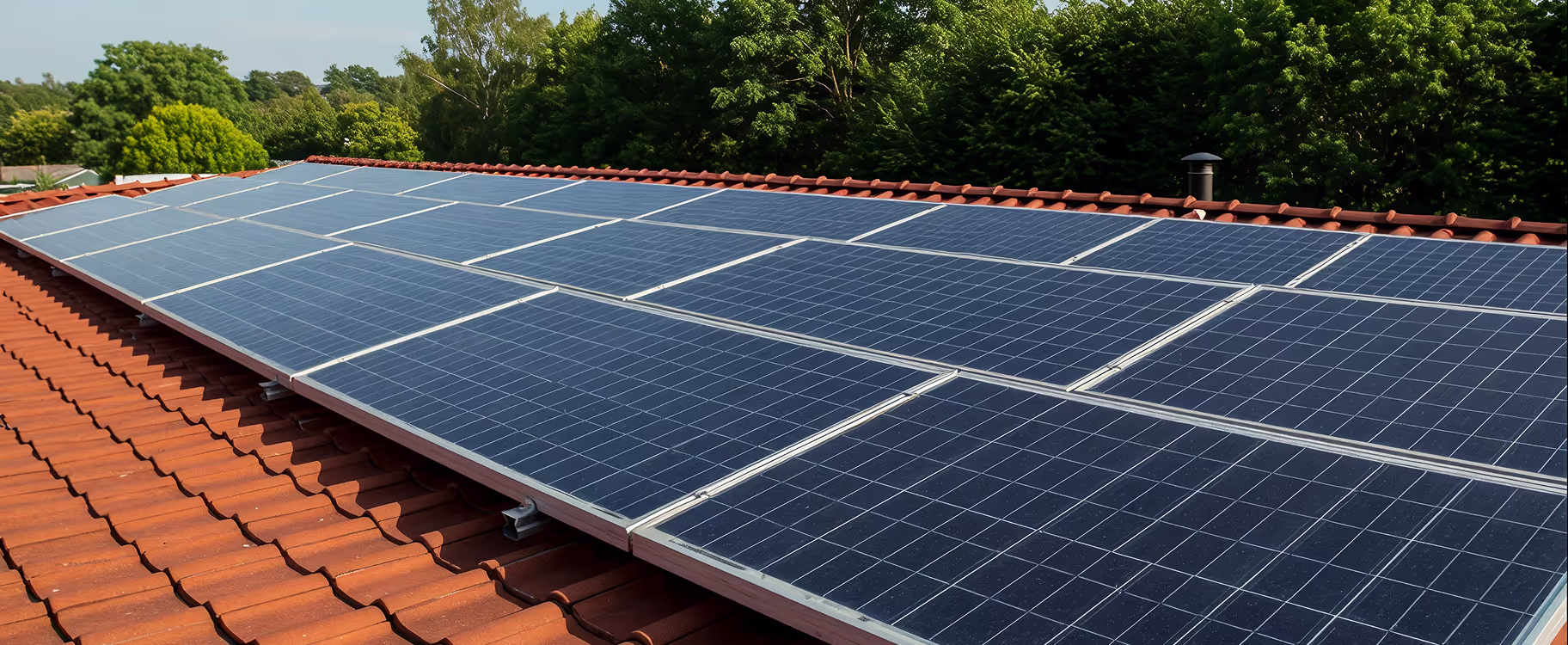 Zonnepanelen op een dak met bomen op de achtergrond