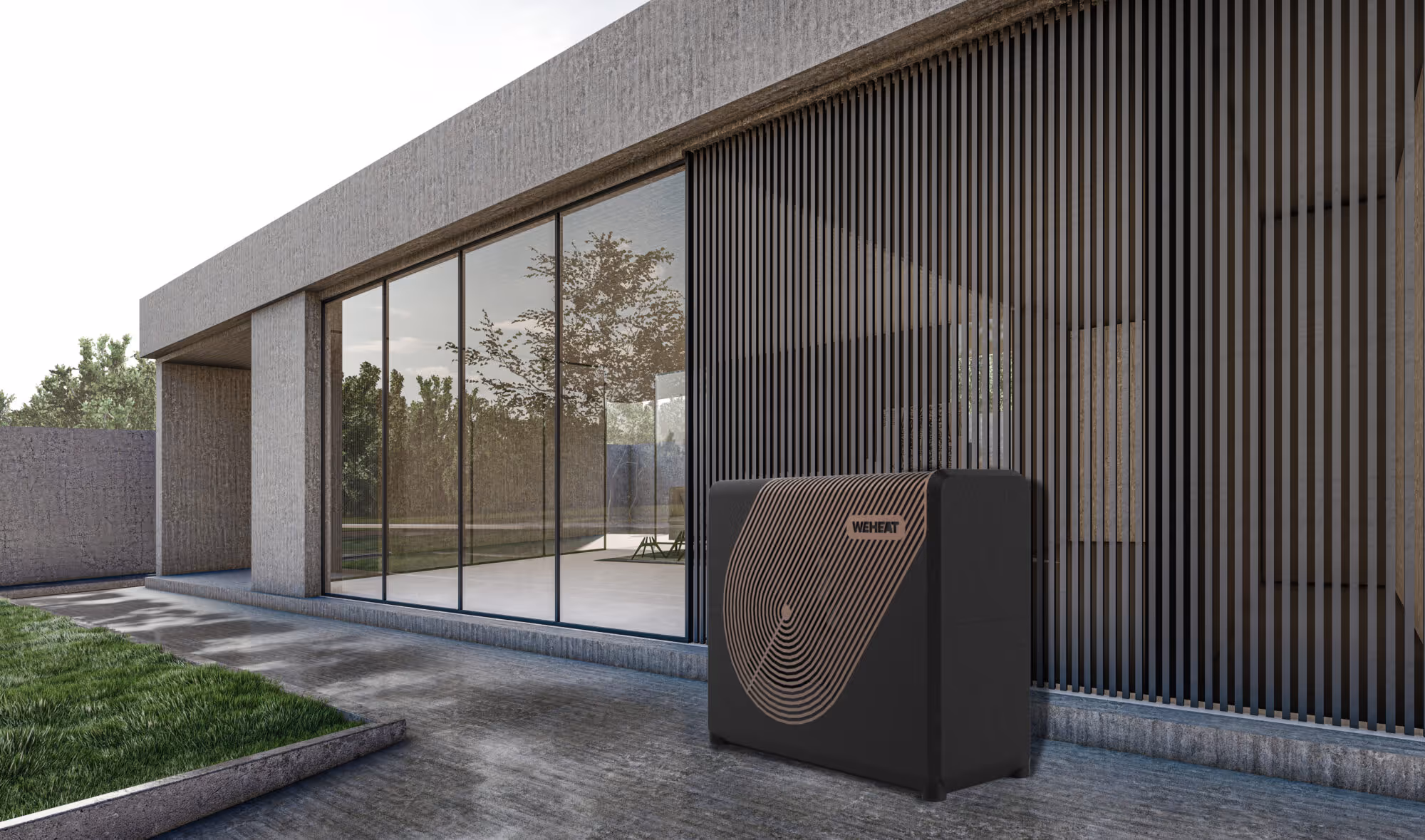 Warmtepomp buitendeel bij een modern huis