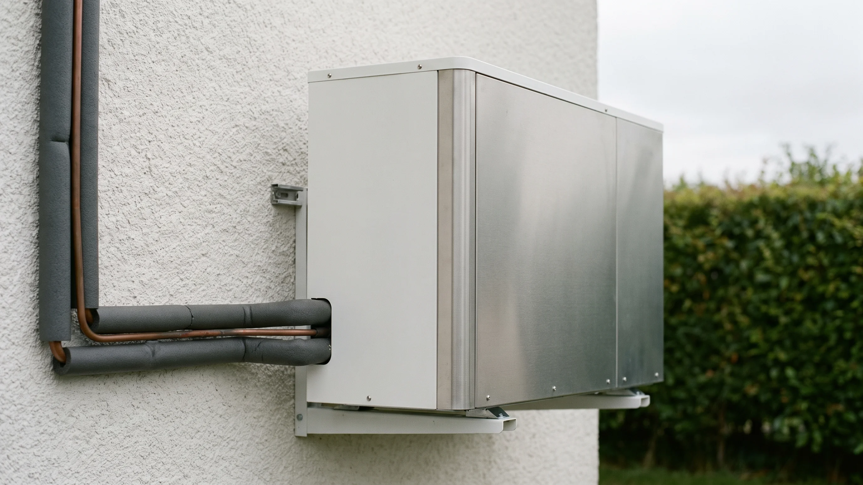 Buitenunit van een warmtepomp met aluminium behuizing en koperen koelleidingen gemonteerd aan een witte buitenmuur