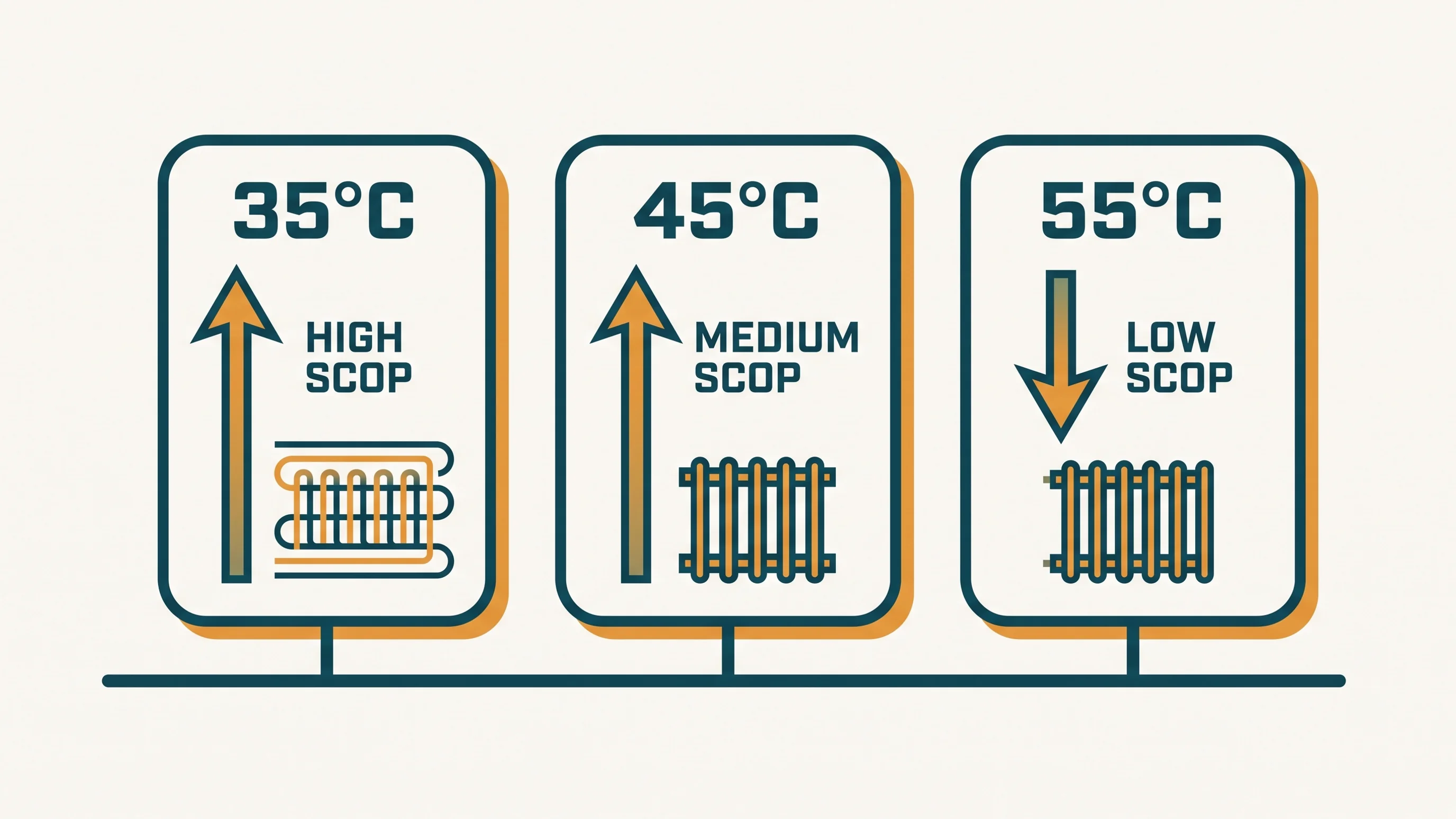 Diagram: hoe hogere afgiftetemperatuur (35°C, 45°C, 55°C) de SCOP van een warmtepomp verlaagt