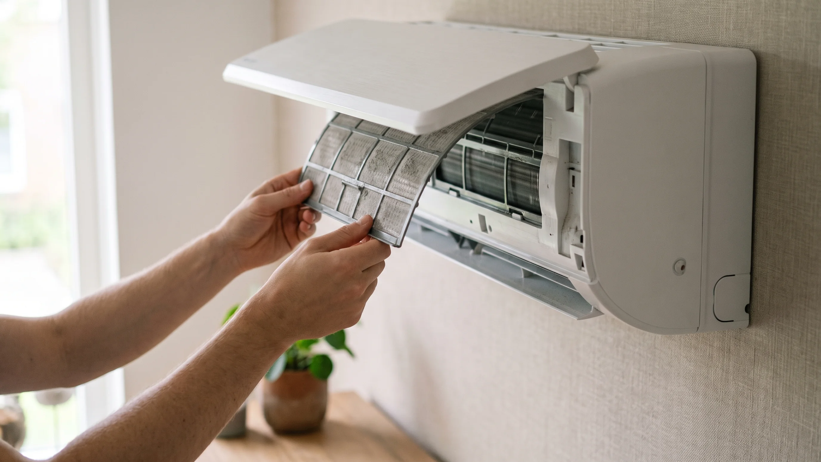 Handen die een vervuild kunststof filter uit een witte airco binnenunit halen voor reiniging