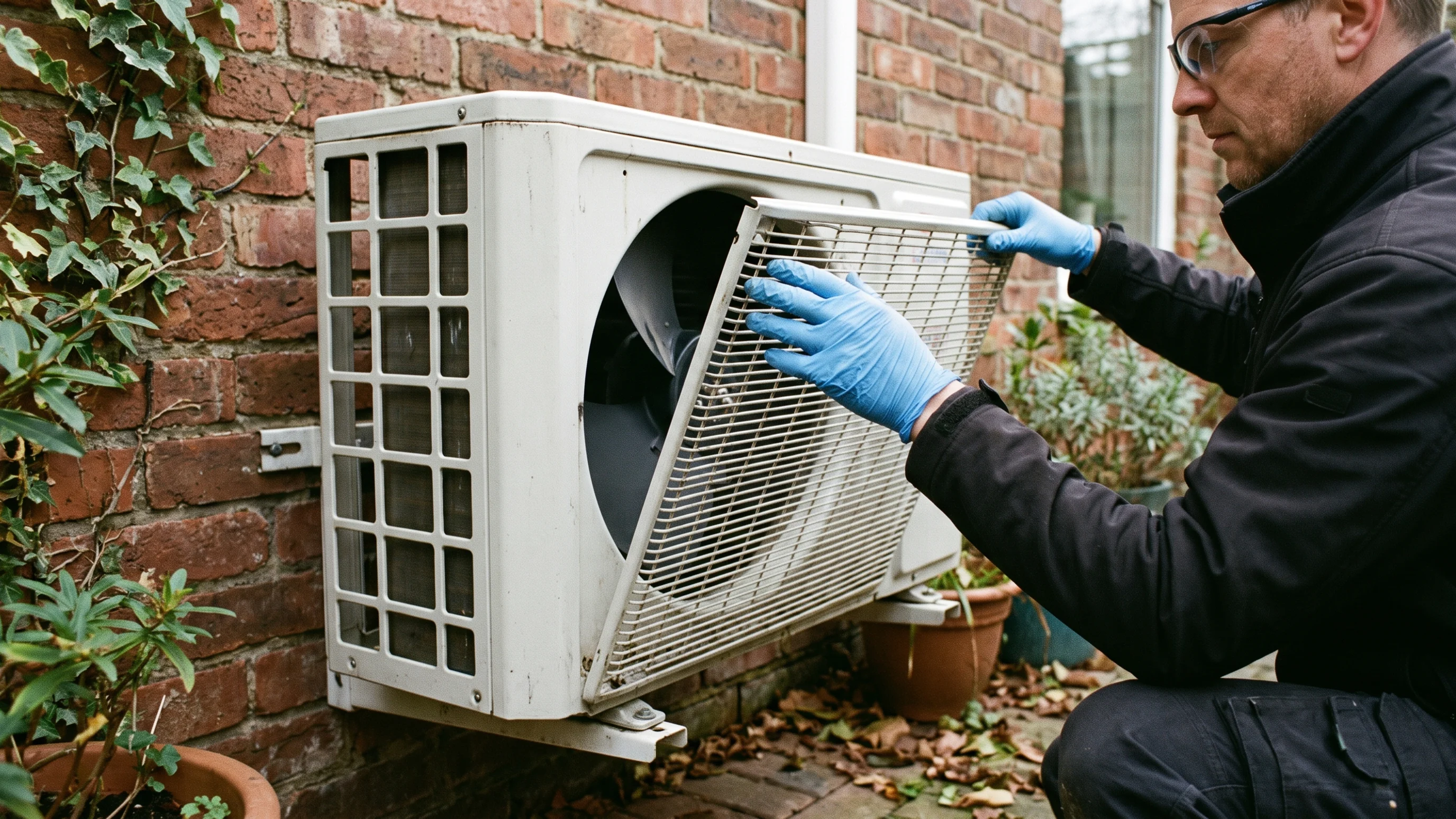 Technicus met handschoenen inspecteert de buitenunit van een airco op mogelijke oorzaken van zwavelgeur